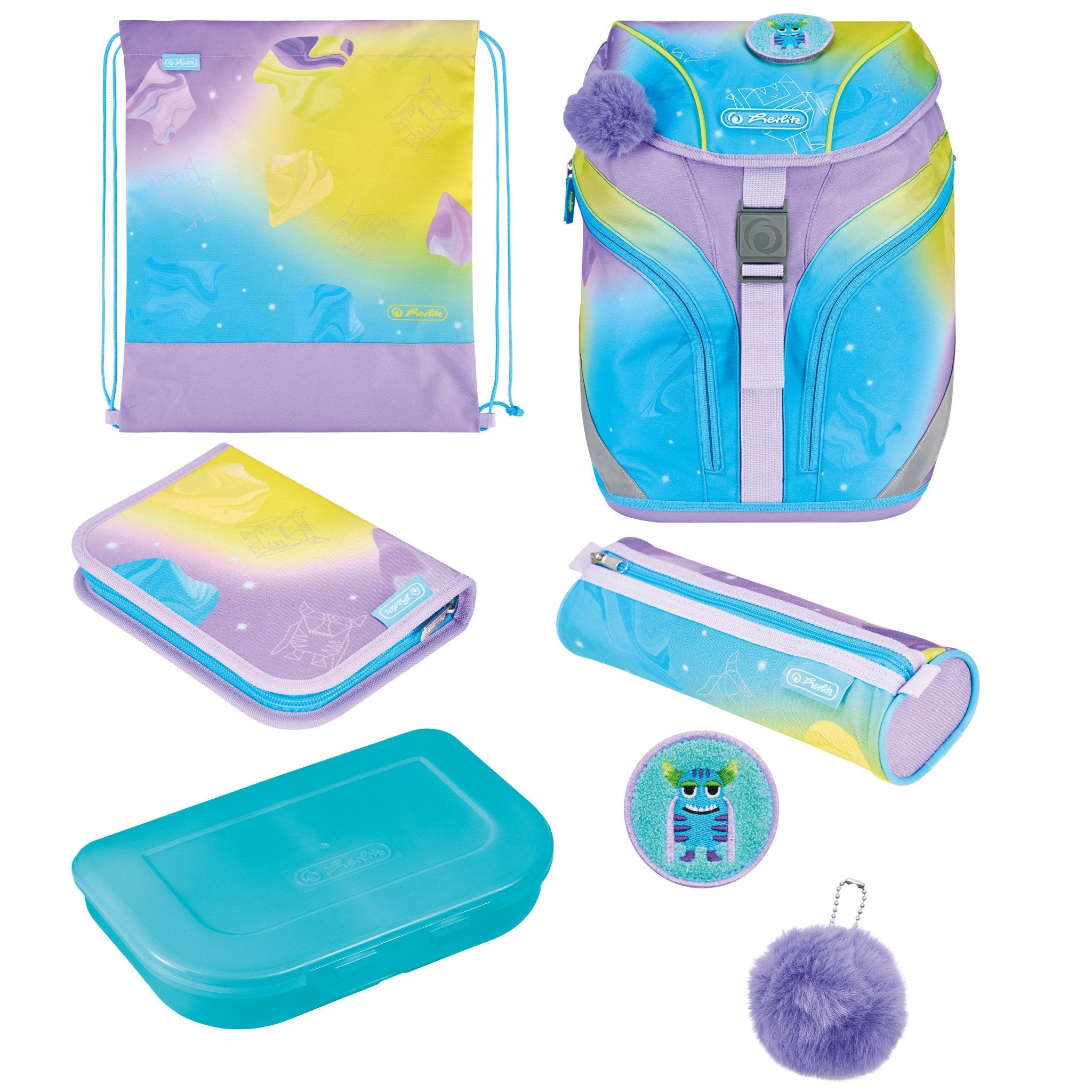 EAN 4008110395371 - Herlitz SoftLight GREENline Little Monster juego de mochila escolar Chica Poliéster Azul, Lila, Amarillo imagen 1