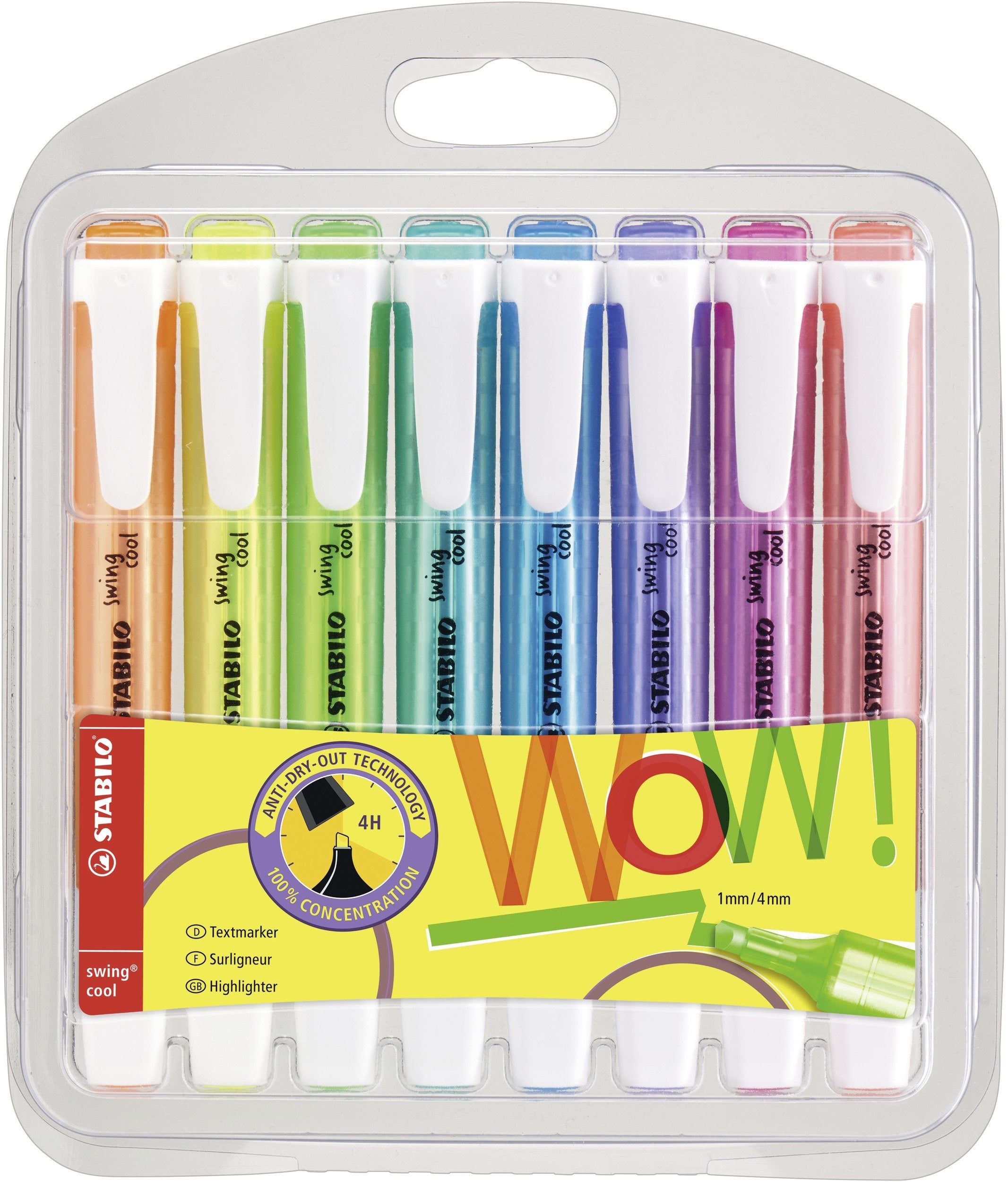 Stabilo Swing Cool Pack De 8 Marcadores Fluorescentes - Cuerpo Plano - Punta Biselada - Trazo Entre 1 Y 4mm - Tinta Con Base De Agua - Antisecado - Colores Surtidos