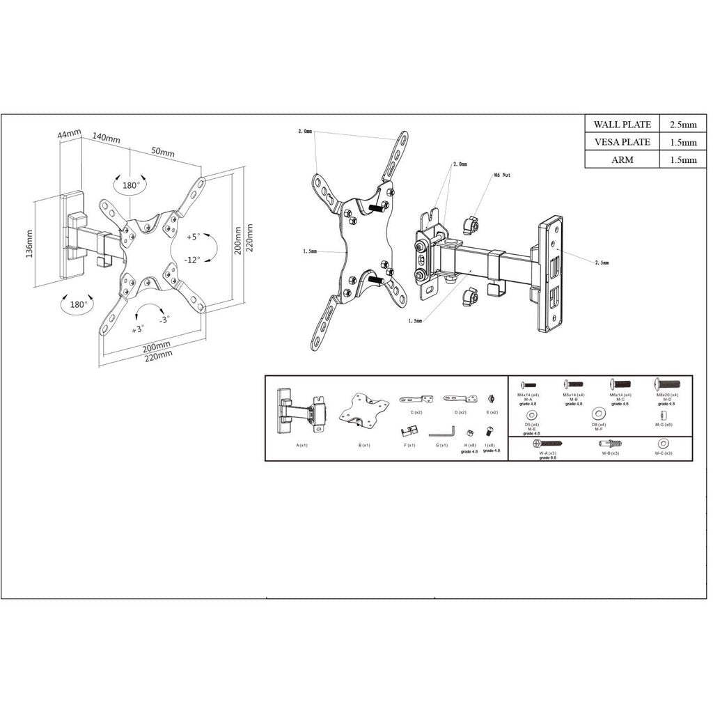 Manhattan Soporte Para Monitor Y Tv, Pared, Inclinable Y Giratorio 13-42", Negro, Vesa 75x75 A 200x200mm, Máx. 20kg