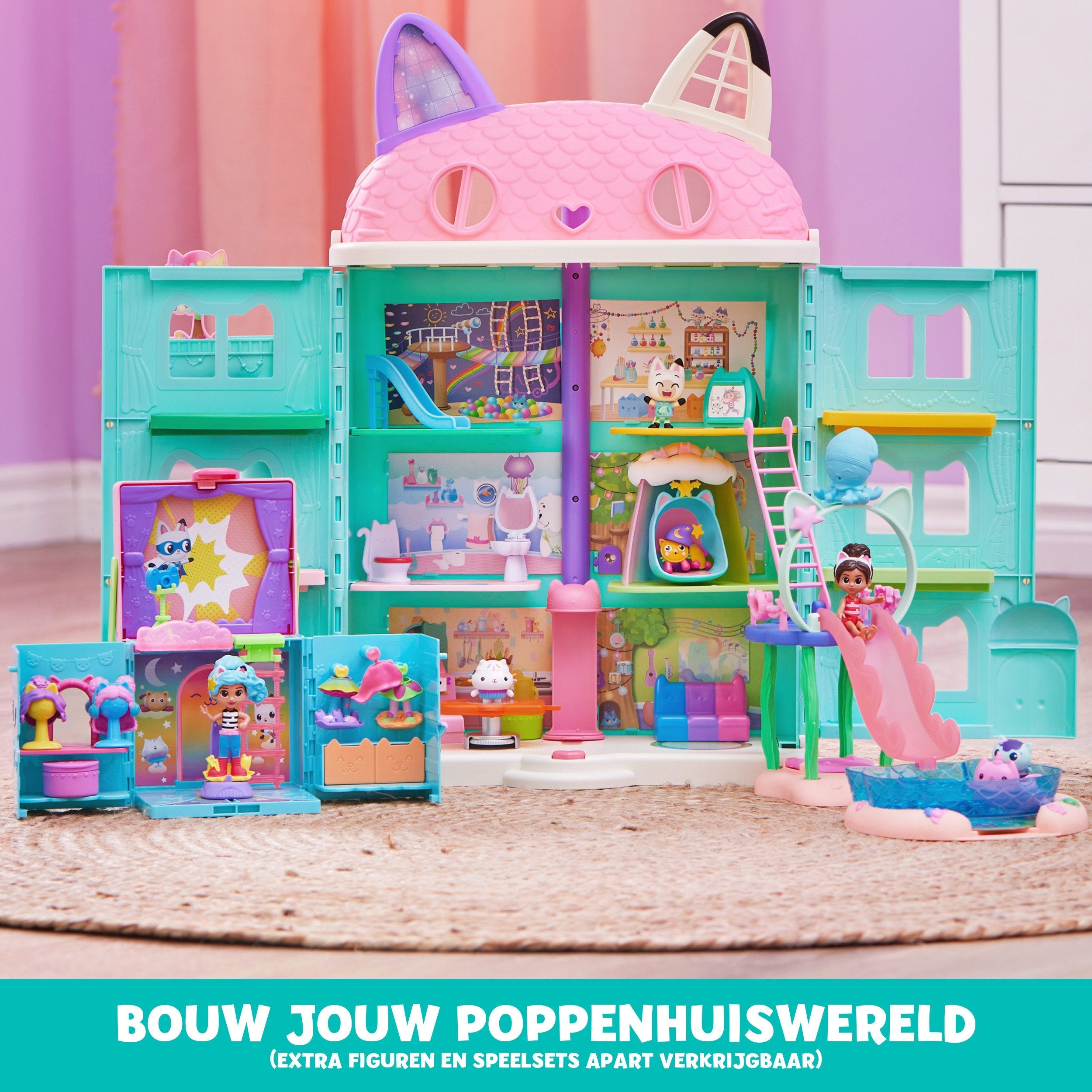 Spin Master Dreamworks Gabby'S Dollhouse Cat Adventures - Purrific Pool Party Playset, Telón De Fondo Con Figuras De Gabby Y Merkitten 6067878