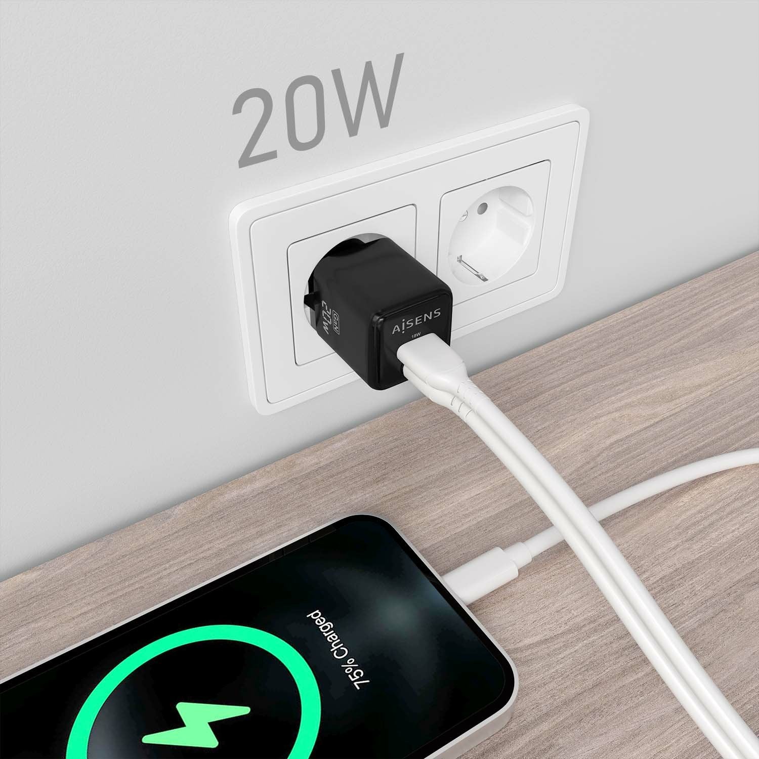 Aisens Cargador Gan 20w - 1xusb-C Pd3.0 Qc4.0 - 1xusb-A Qc3.0 - Negro