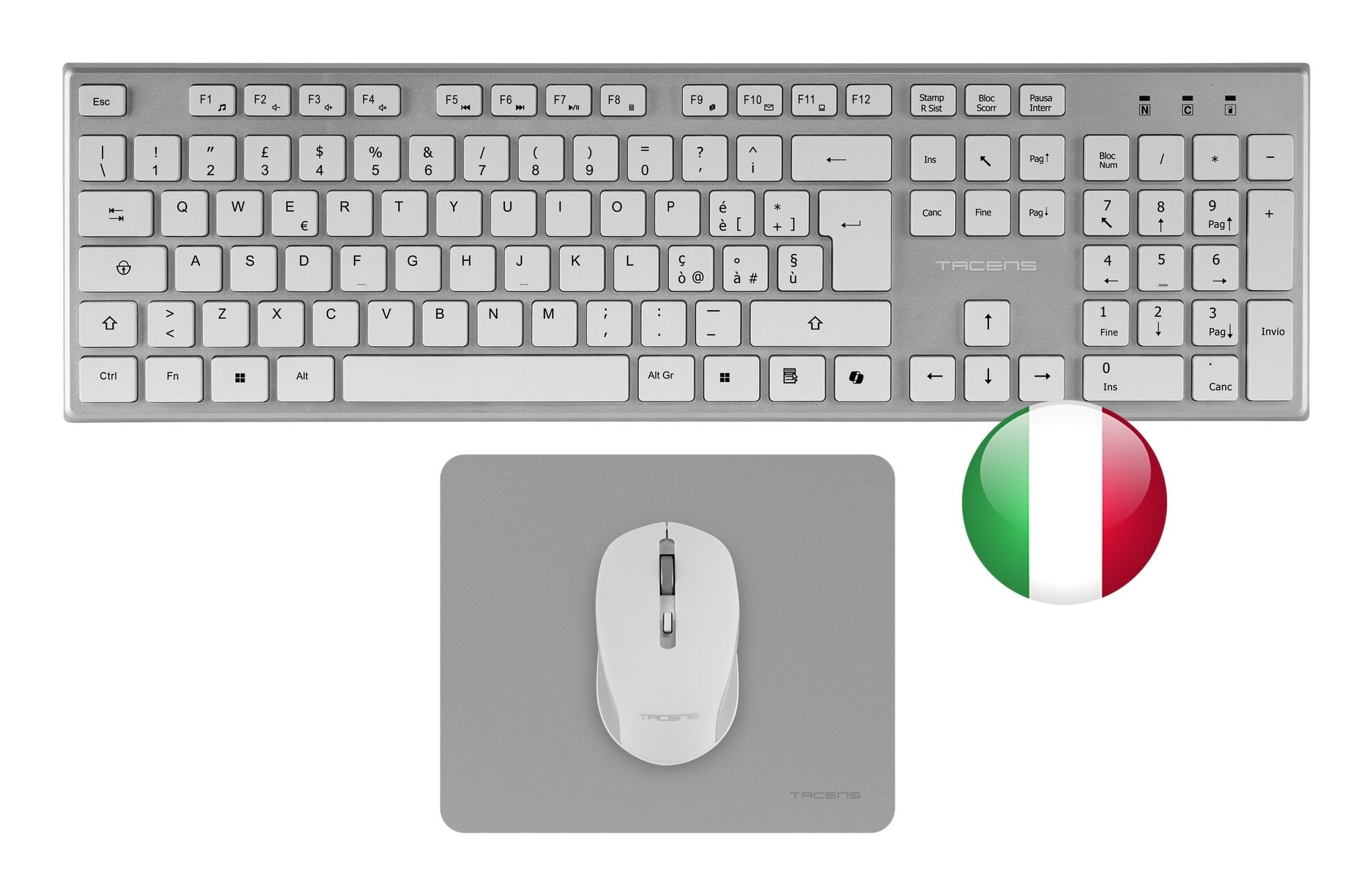 Teclado Mouse Y Alfombrilla Wireless Tacens Zenith Low Profile Tecla Copilot 3200dpi Italiano Blanco