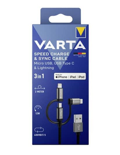 Varta Cable, Usb-A/Micro/C/Lightning, 3 En 1, 2m 12w, 480mbit/S, Negro