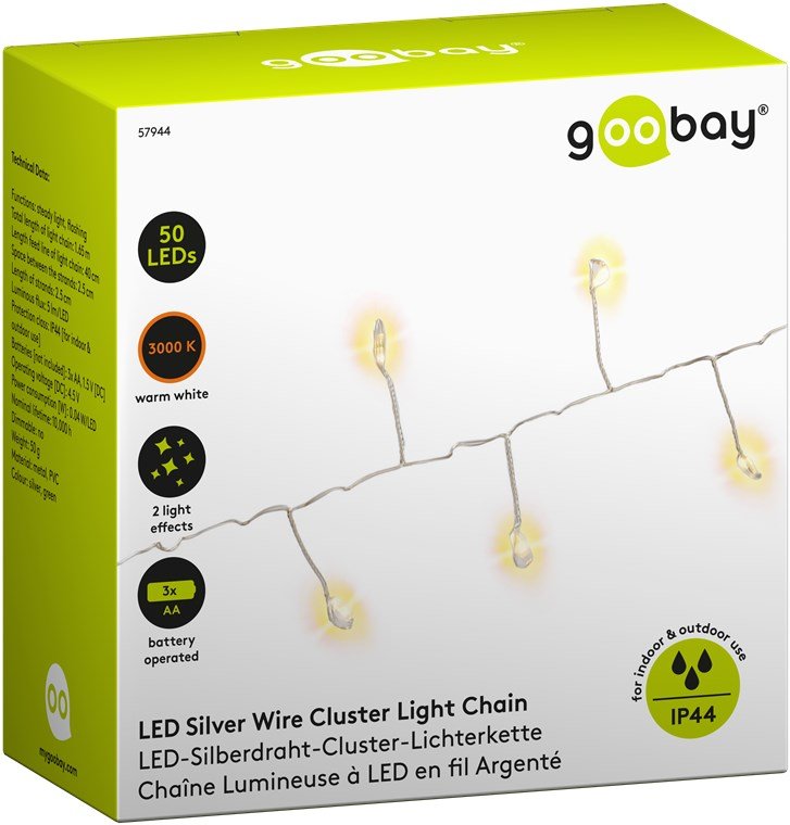 Guirnalda De Alambre Plateado Con 50 Led
Con 2 Modos De Luz, Blanco Cálido (3000 K), Con Pilas, Interior-Exterior