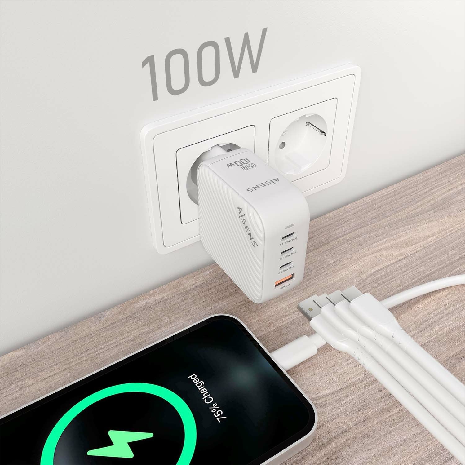 Aisens Cargador Gan 100w, 3xusb-C Pd3.0 Qc4.0, 1xusb-A Qc3.0, Blanco