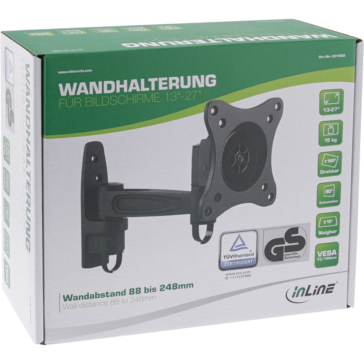 Soporte De Pared Inline Para Tft De Hasta 69 Cm 27" Máx. Brazo De Una Pieza De 15 Kg
