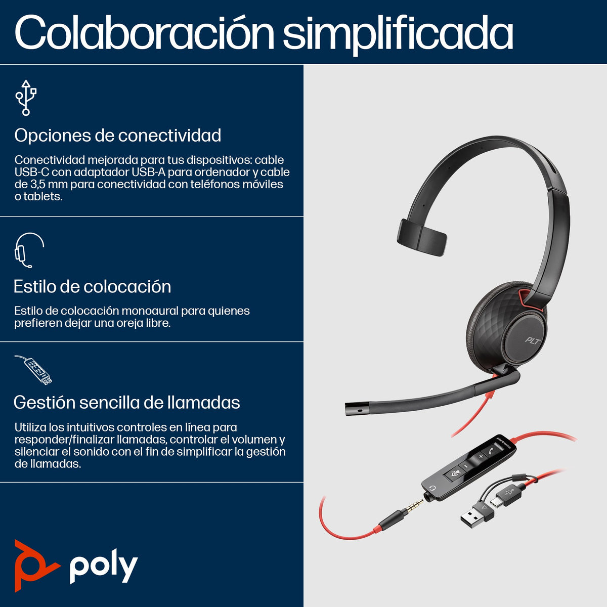 EAN 0197498433097 - HP Poly Blackwire 5210 Monaural USB-C Headset +3.5mm Plug +USB-C/A Adapter (Bulk) Alámbrico Diadema Ofici imagen 3
