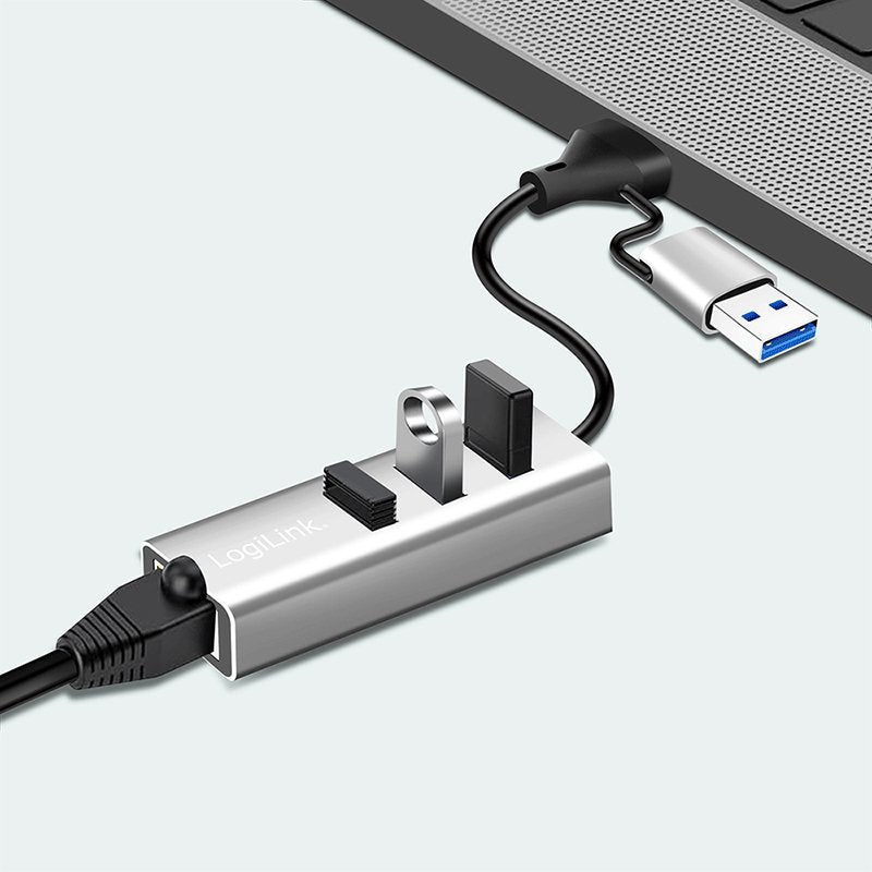 Hub Usb 3.2 Gen 1, 3 Puertos Usb-A, 1 Puerto Rj45, Cable De Conexión 2 En 1, Plateado