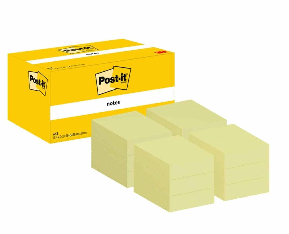 Post-It Pack De 12 Blocs De 100 Notas Adhesivas Reposicionables - Forma Rectangular - 38x51mm - Amarillo Claro