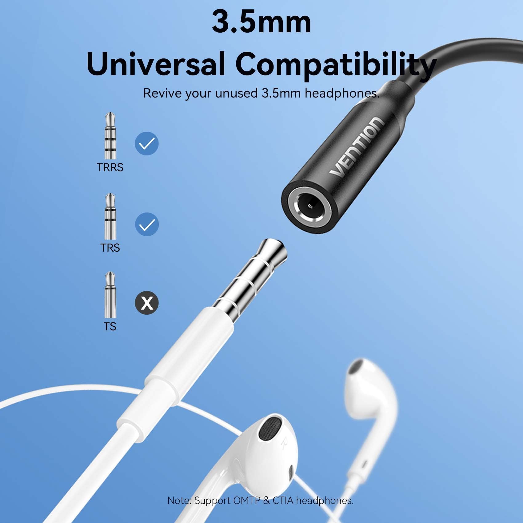 Adaptador Audio Vention Biiba Jack 3.5 Hembra Usb Tipo-C Macho 10cm Negro