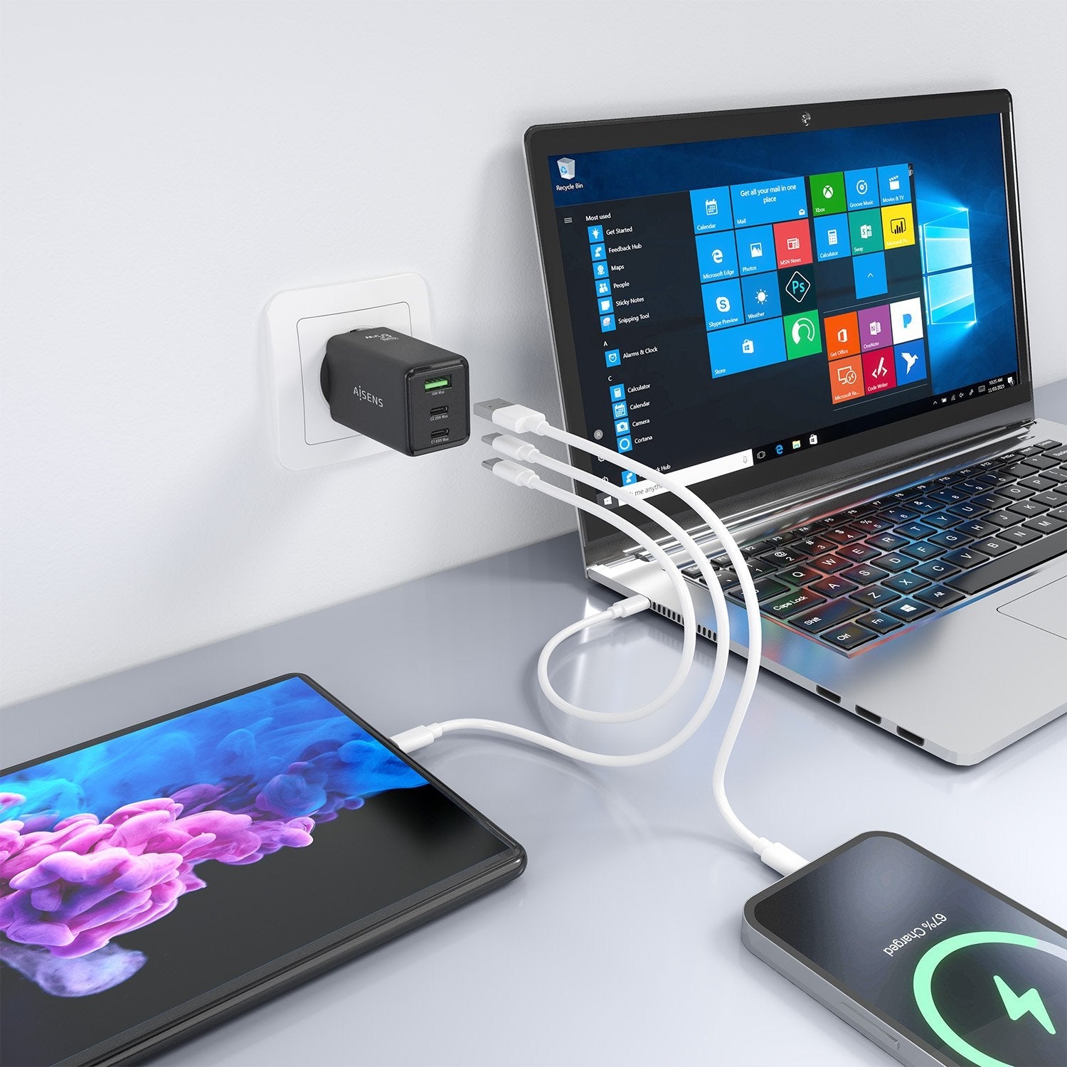 Aisens Cargador Gan 65w, 2xusb-C Pd3.0 Qc4.0, 1xusb-A Qc3.0, Negro