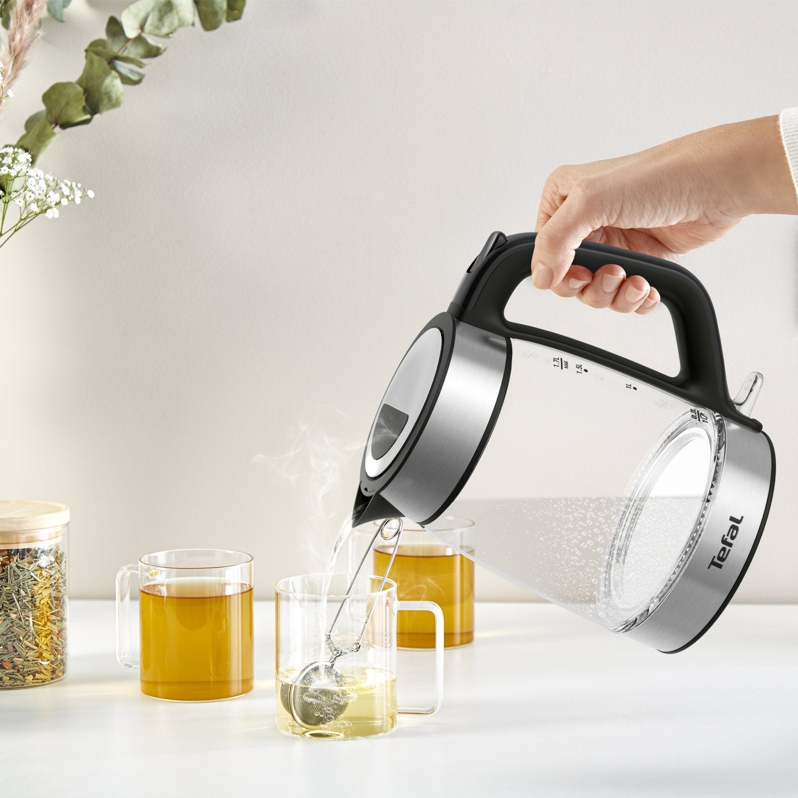 Tetera Eléctrica Tefal Glass Kettle Ki6058301,7 L 2200 W Negro, Plata, Transparente