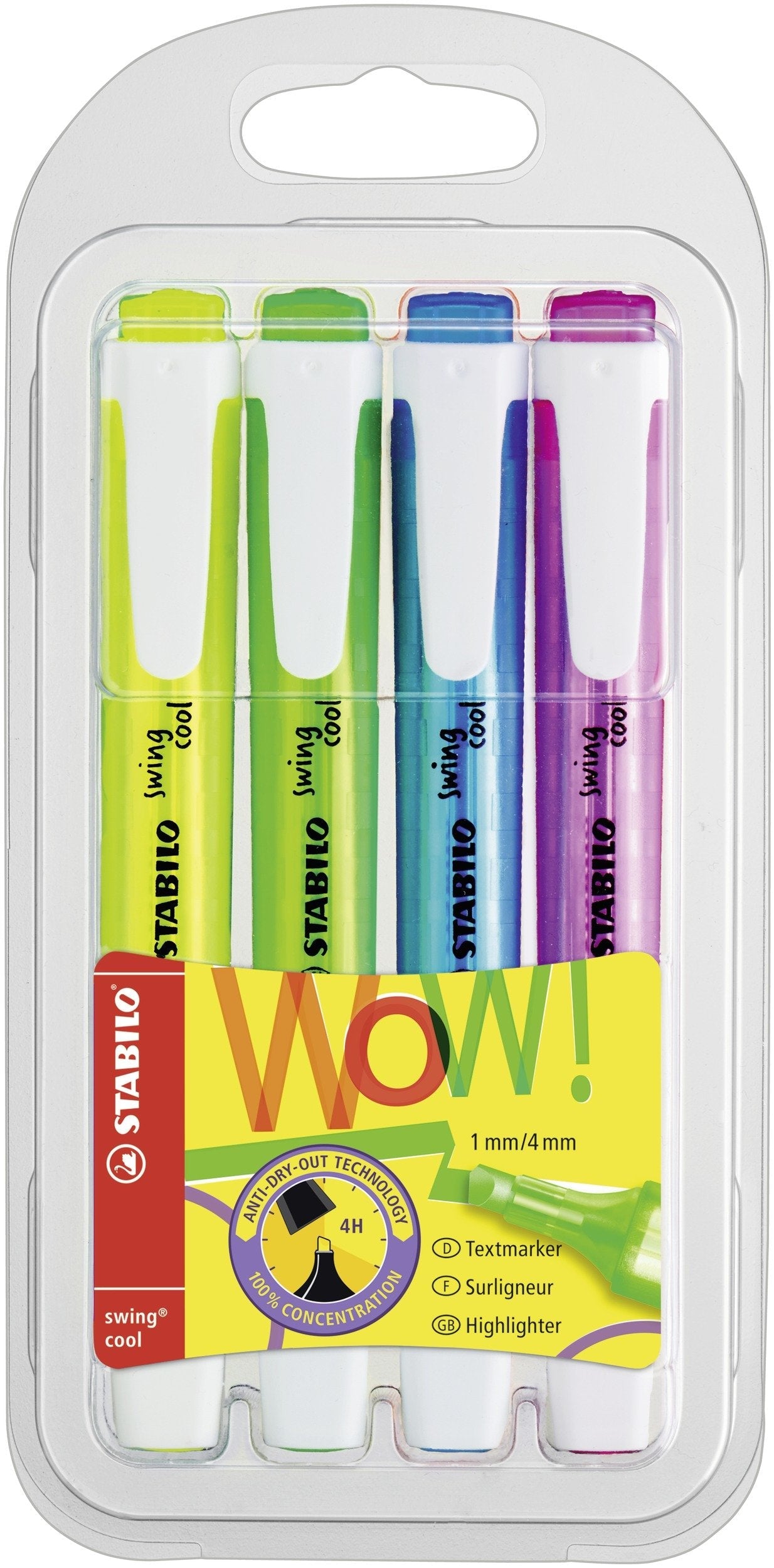 Estuche 4 Rotuladores Stabilo Swing Cool Amarillo / Azul / Verde / Rosa Colores Fluorescentes Tecnología Anti-Secado 2 Anchos De Trazo (1+4mm)