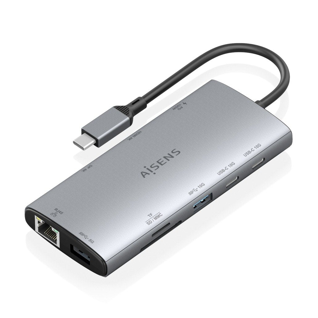 Aisens Usb-C Dock 10 En 1, Usb-C A 1xhdmi, 1xdisplayport, 1xrj45, 1xusb-A 10g, 1xusb-A 5g, 2xusb-C 10g, 1xusb-C Pd100w, 1xsd, 1xmicro Sd, Gris, 20cm