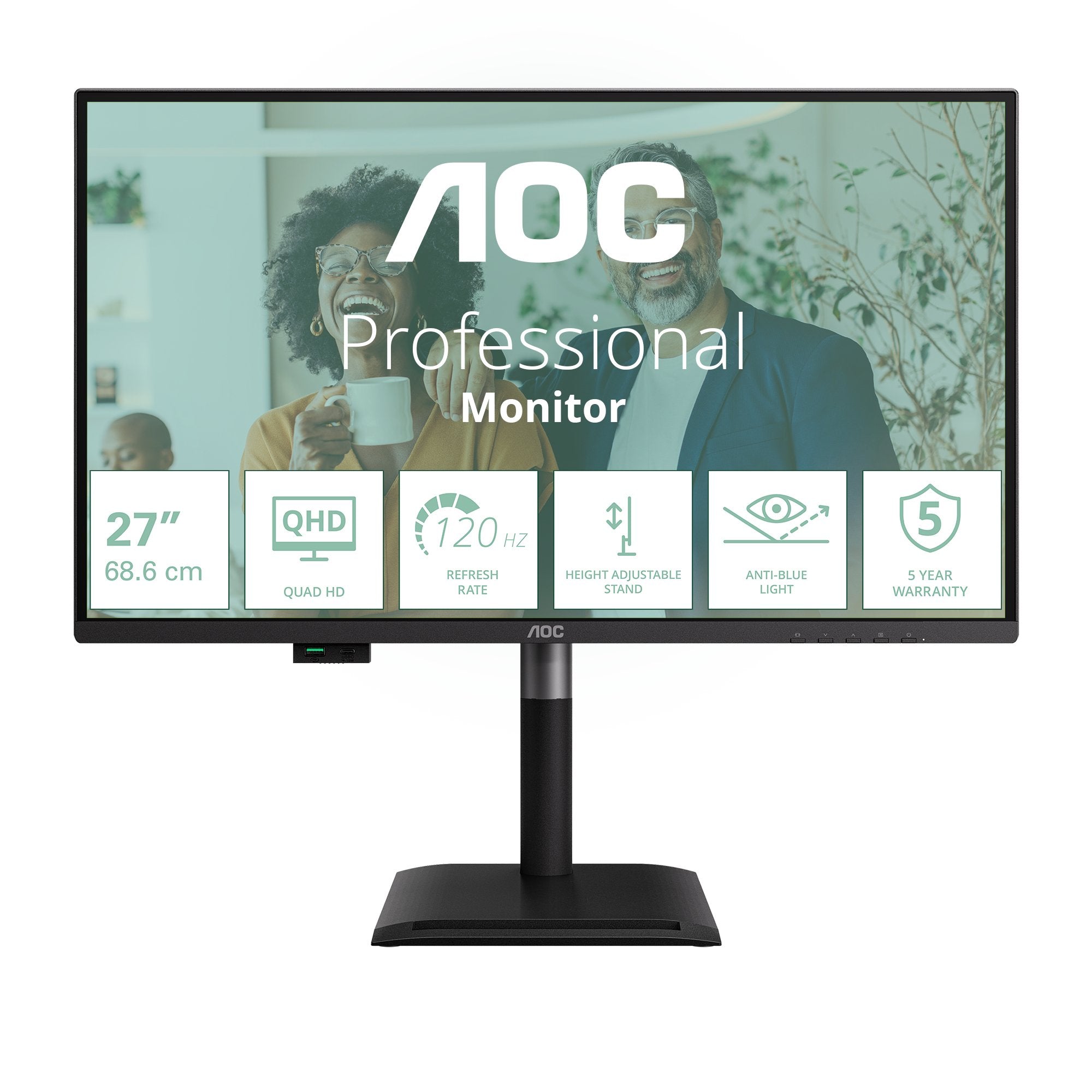 Aoc Q27p4cv 27" Ips Qhd 120hz 4ms Hdmi 2.0 Dp Usb C Dp Alt Mode Pd 96w Has