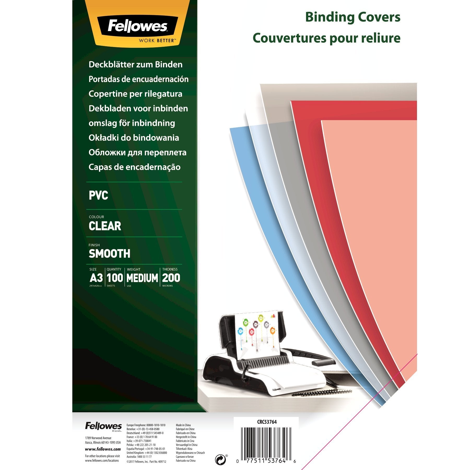 Fellowes Pack De 100 Portadas Para Encuadernar De Pvc A3 - 200 Micras - Muy Resistentes - Transparente