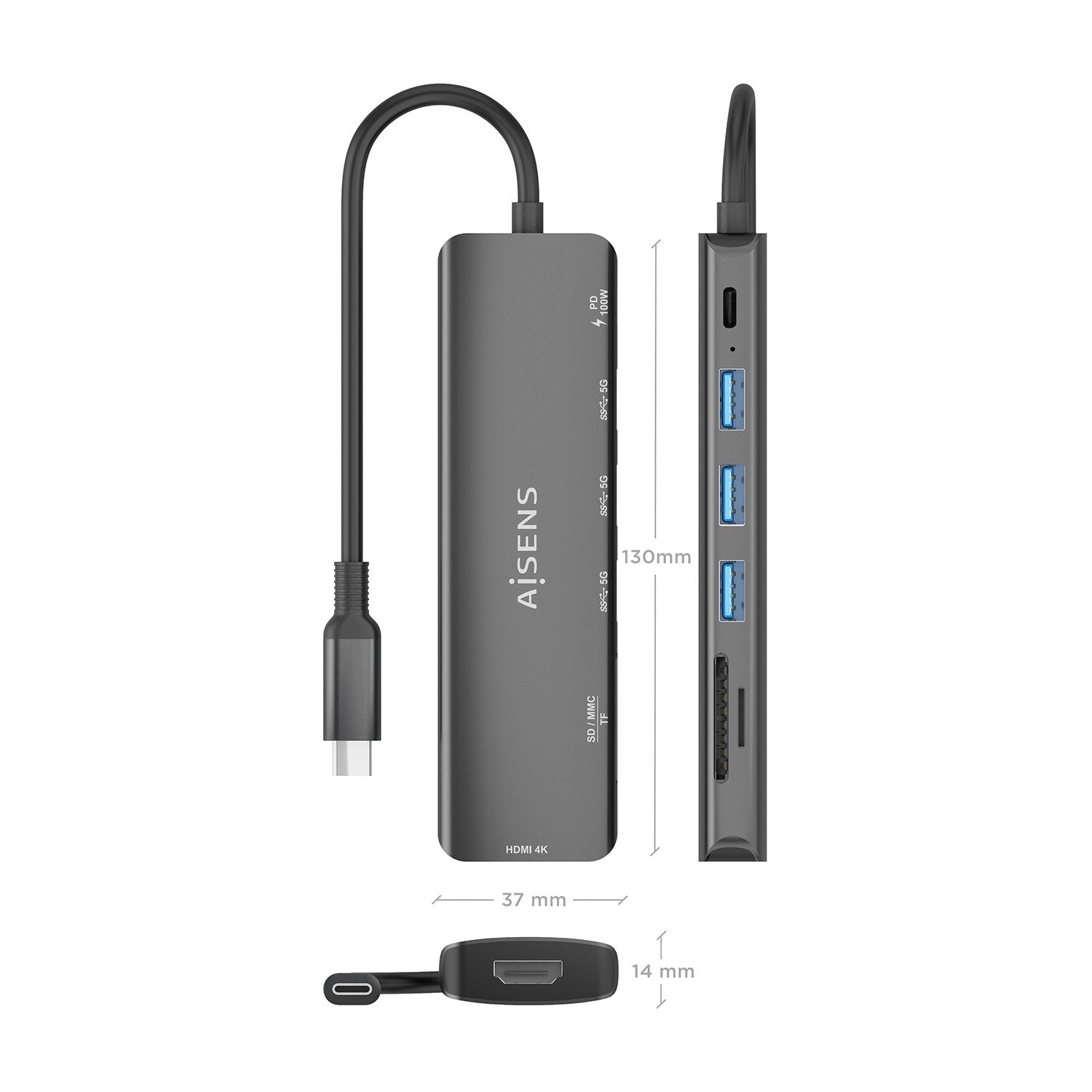 Aisens Usb-C Dock 7 En 1, Usb-C A 1xhdmi, 3xusb-A, 1xusb-C Pd 100w, 1xsd, 1xmicro Sd, Gris, 15cm