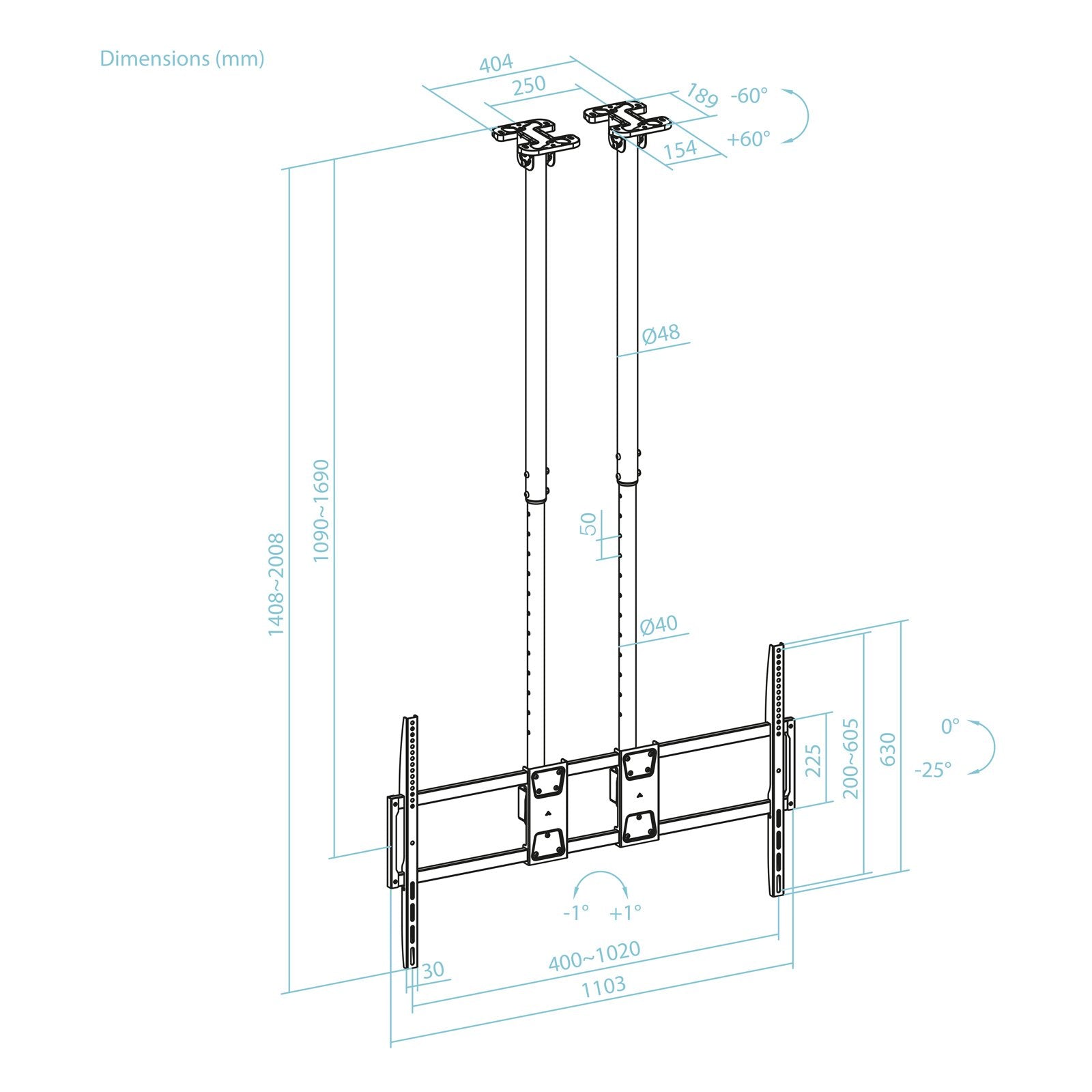 Soporte Techo Doble Mastil Pantallas 60-120" Negro