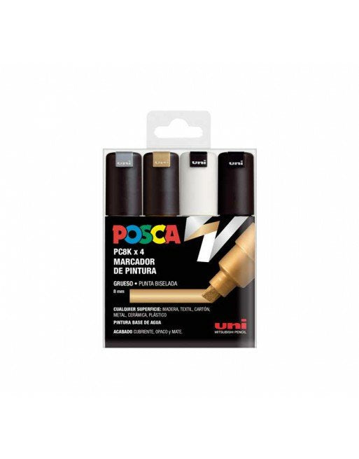 Posca Marcador  Pc-8k/4c No Permanente Punta Biselada 8.0mm Colores Surtidos Gswb -Estuche 4u-