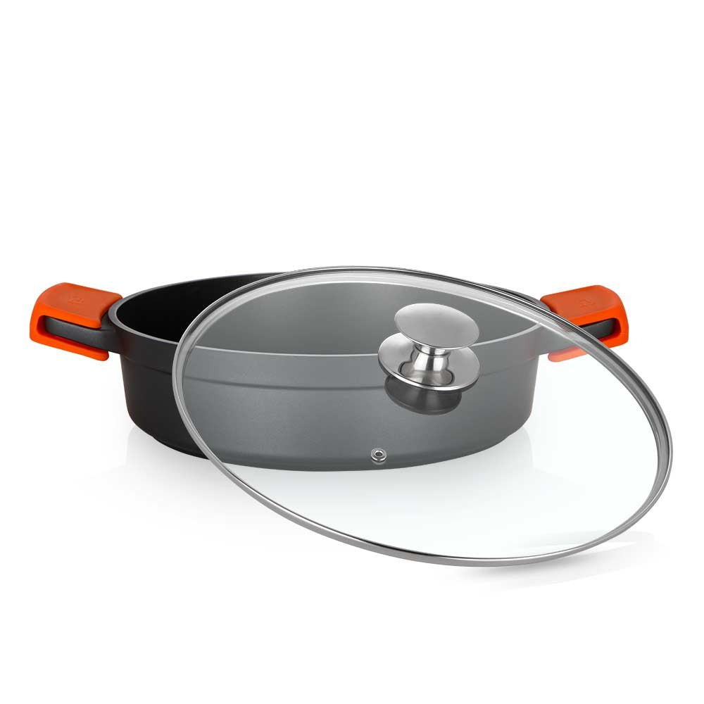 Orbegozo Cdb Cacerola Baja Serie 2.8l - Aluminio Fundido Indeformable - Asas De Silicona - Tapa De Cristal Templado -