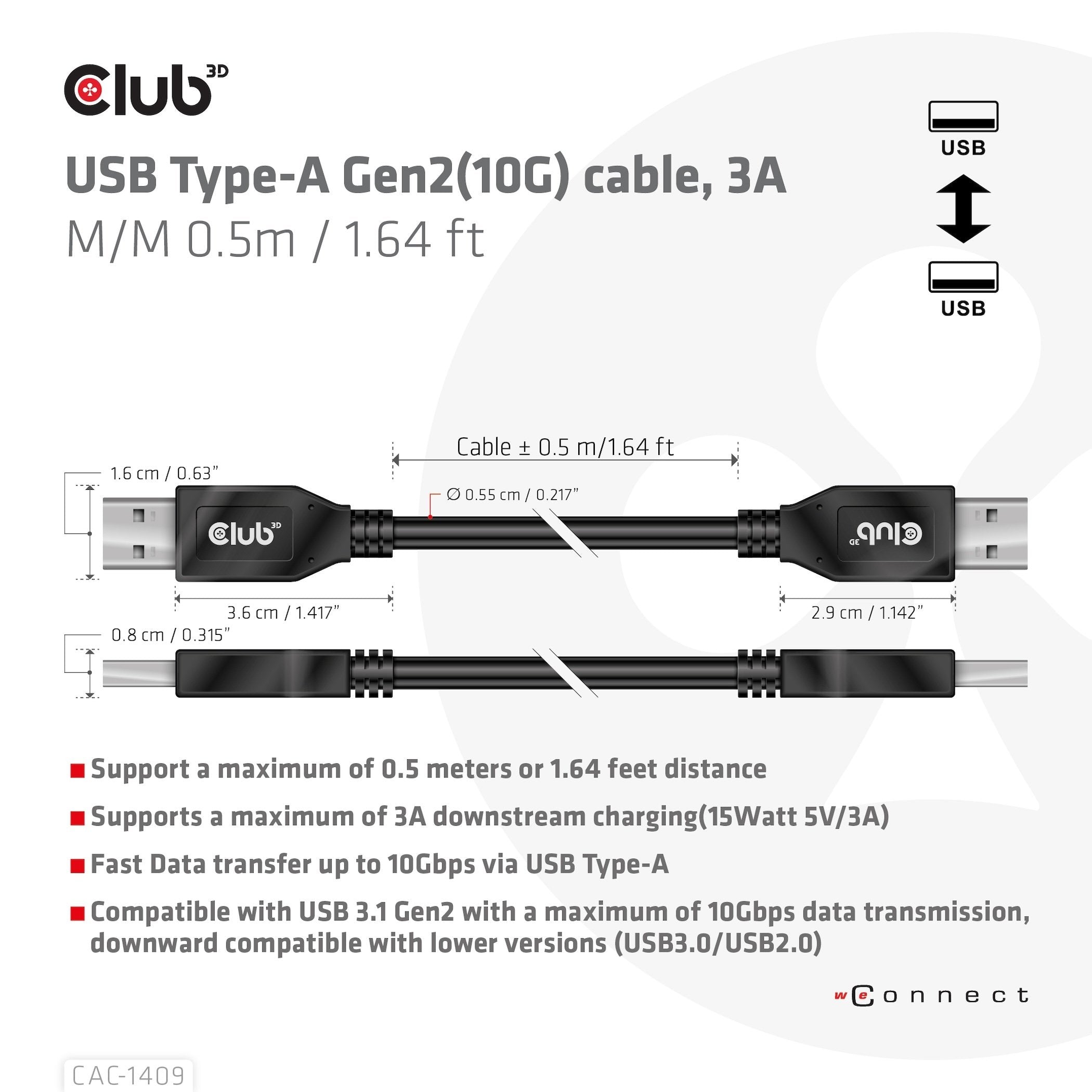 Club3d Cable Usb Typ-A Gen2 0,5m 10 Gbps M M Retail