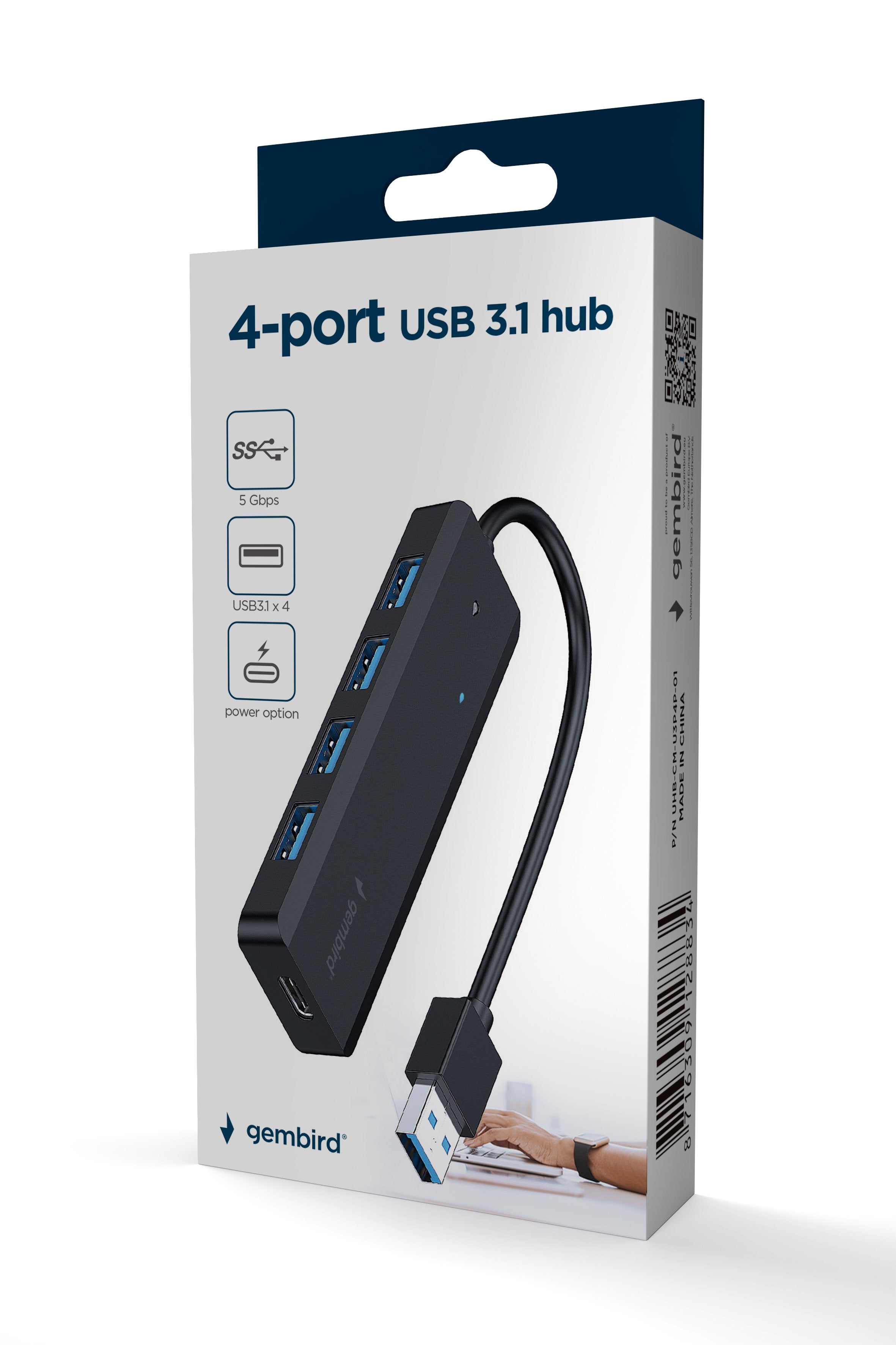 Gembird Hub 4 Puertos Usb 3.1 Gen 1 Negro Uhb-U3p4p-02