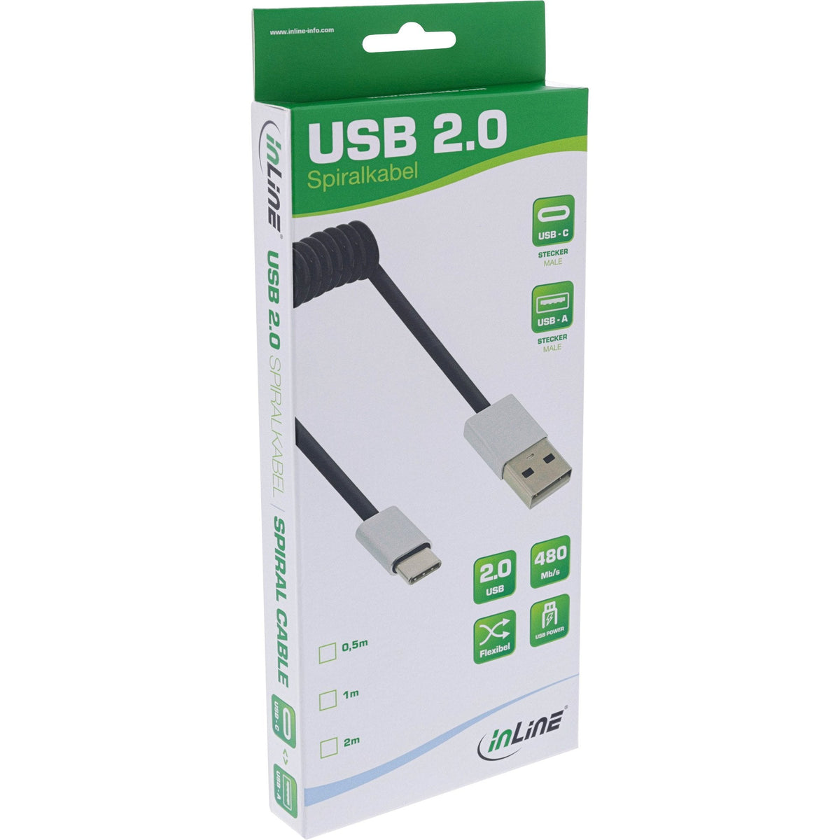 Cable En Espiral Inline Usb 2.0, Conector Tipo C A Conector A, Negro/Aluminio, Flexible, 0,5 M