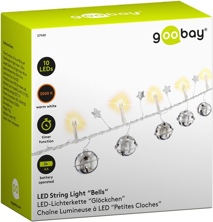 Guirnalda De Luces "Campanas" Con 10 Led
Con Función De Temporizador, Blanco Cálido (3000 K), Funcionamiento Con Pilas