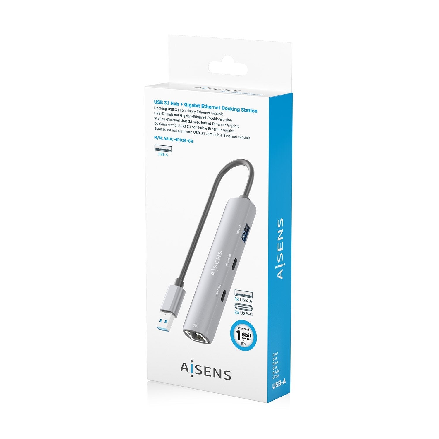 Aisens Usb3.0 Dock Usb-A A Ethernet Gigabit + Hub 2xusb-C+1xusb-A, Gris, 15cm