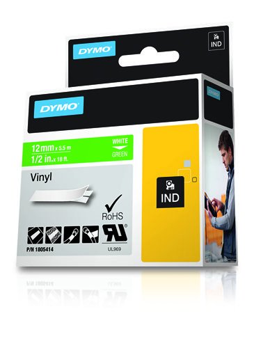 Dymo Rhino Cinta De Etiquetas Industrial Adhesiva Id1-12, Blanco Sobre Verde De 12mmx5´5m, Vinilo
