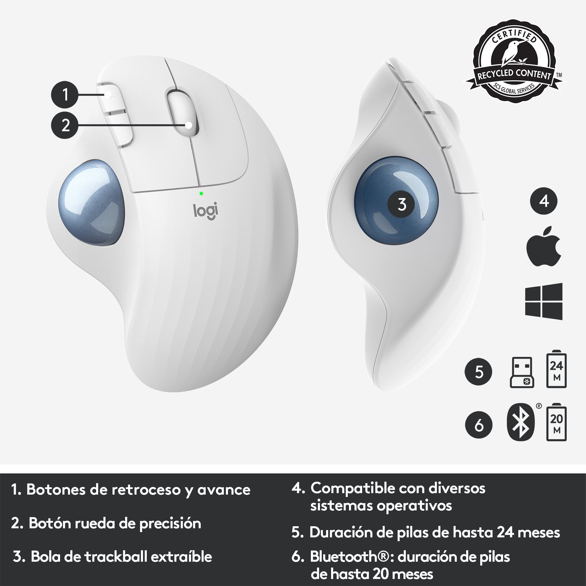 Ratón Trackball Inalámbrico Por Bluetooth Logitech Ergo M575 Hasta 2000 Dpi Blanco Crudo