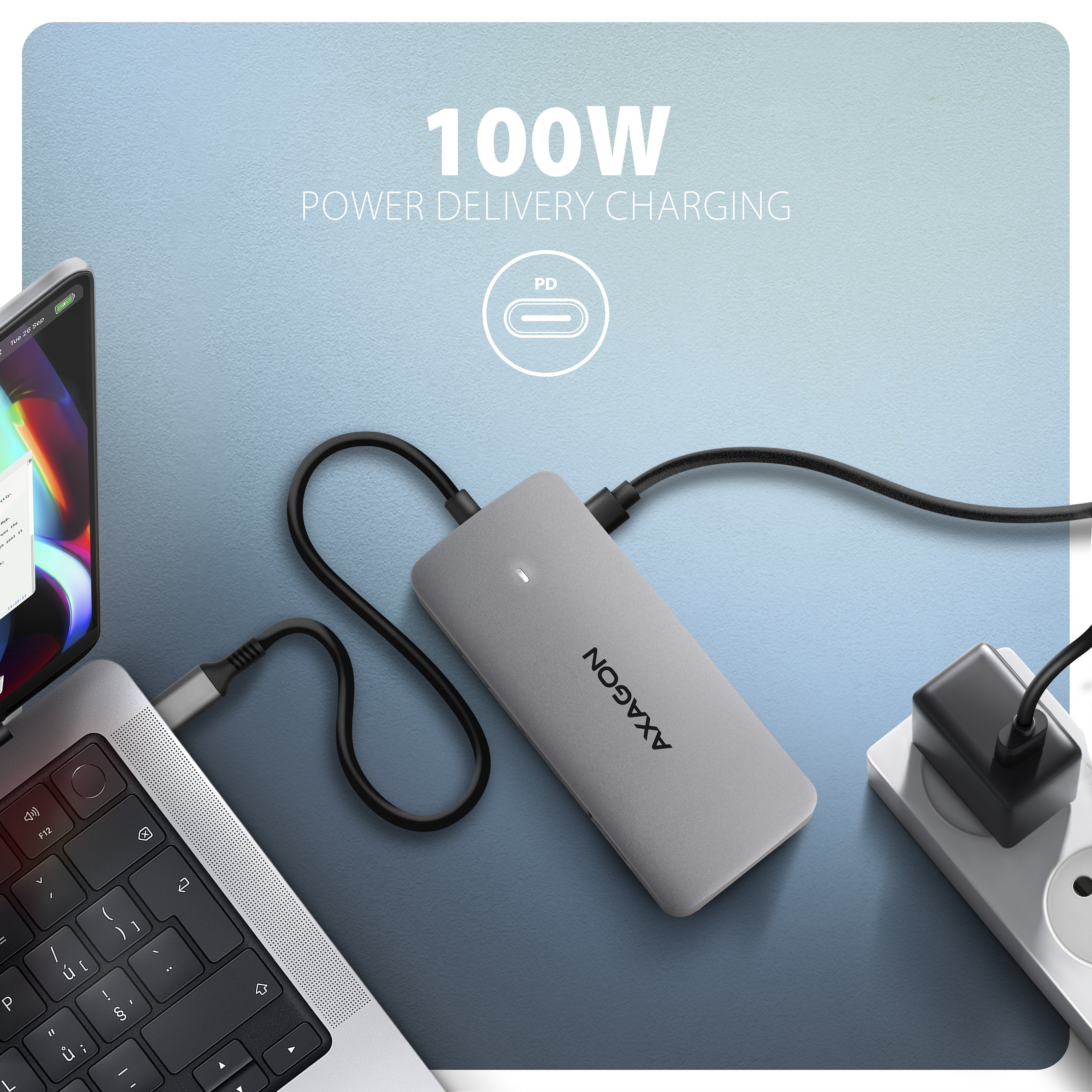 Hub  Axagon Usb Hmc-Cub83x2, Usb 10gbps Hub, 2x Usb-A, Usb-C, Hdmi & Dp 4k/144hz, Rj-45 Glan, Pd 100w, Kabel Usb-C 15cm Alámbrico Usb 3.2 Gen 2 (3.1 Gen 2) Type-C Gris