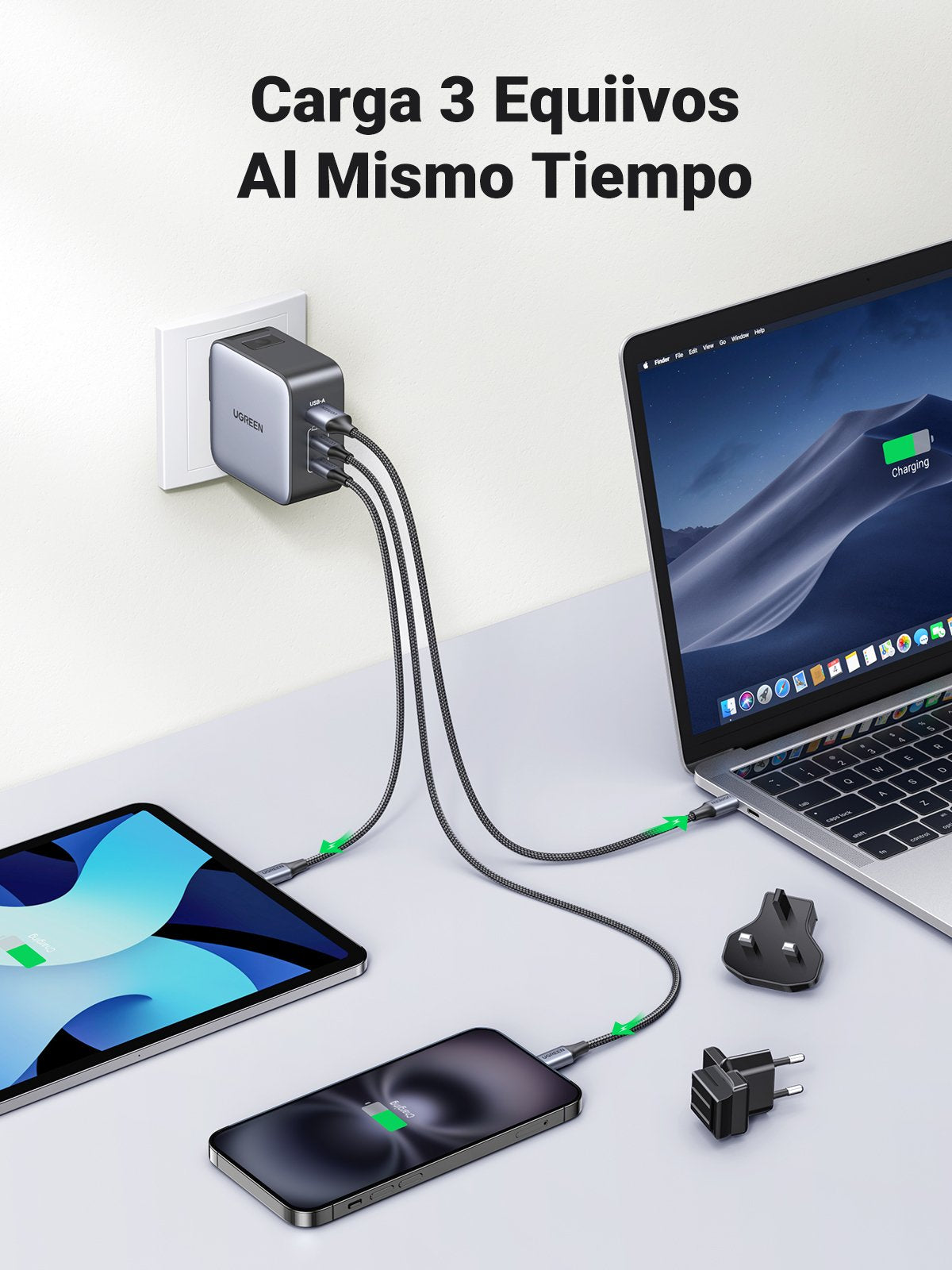 Ugreen Usb-A+2*Usb-C 65w Gan Cargador Rápido Para Viajes En Todo El Mundo