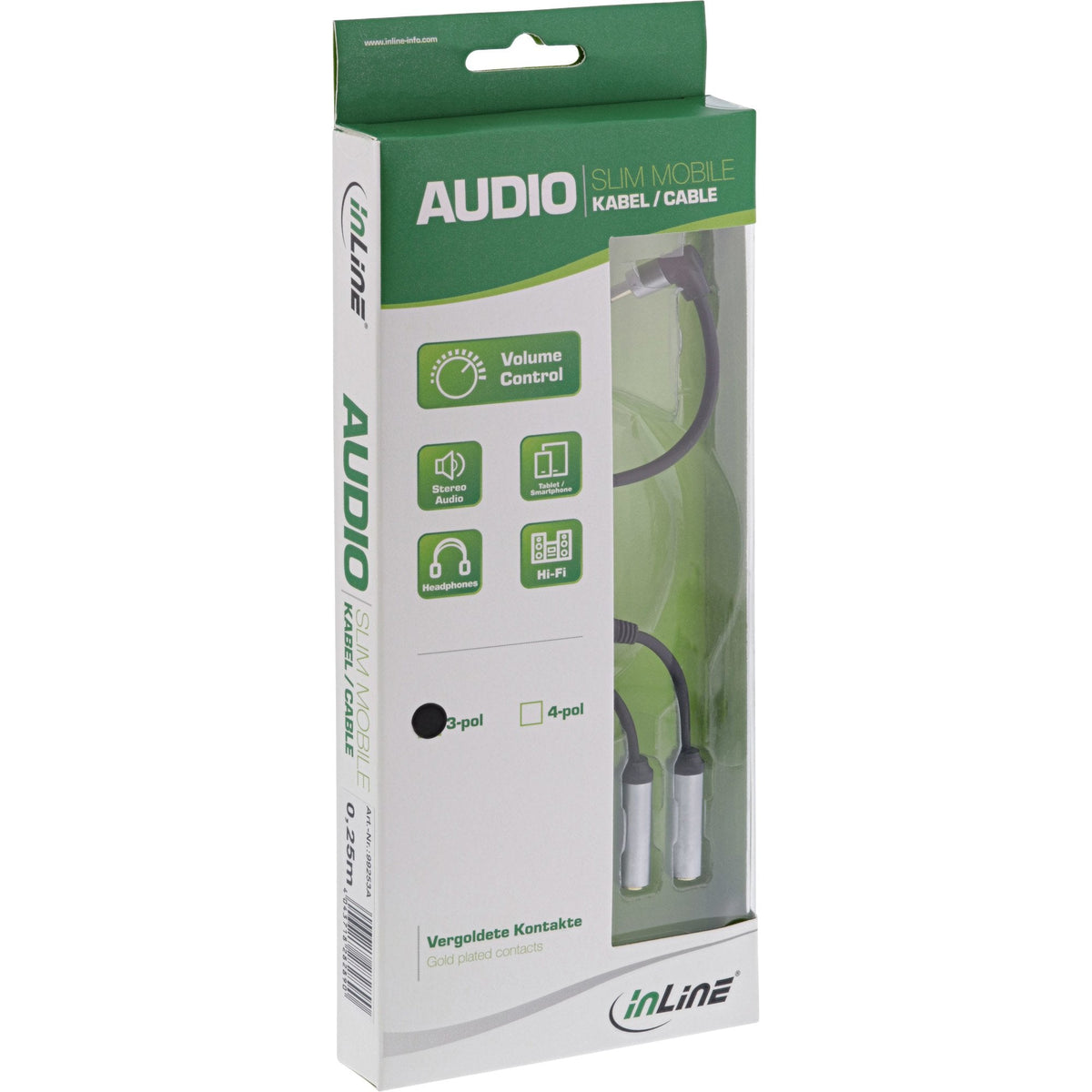 Cable En Y De Audio Delgado Inline De 3,5 Mm M En Ángulo A 2x F, Con Control De Volumen De 0,25 M