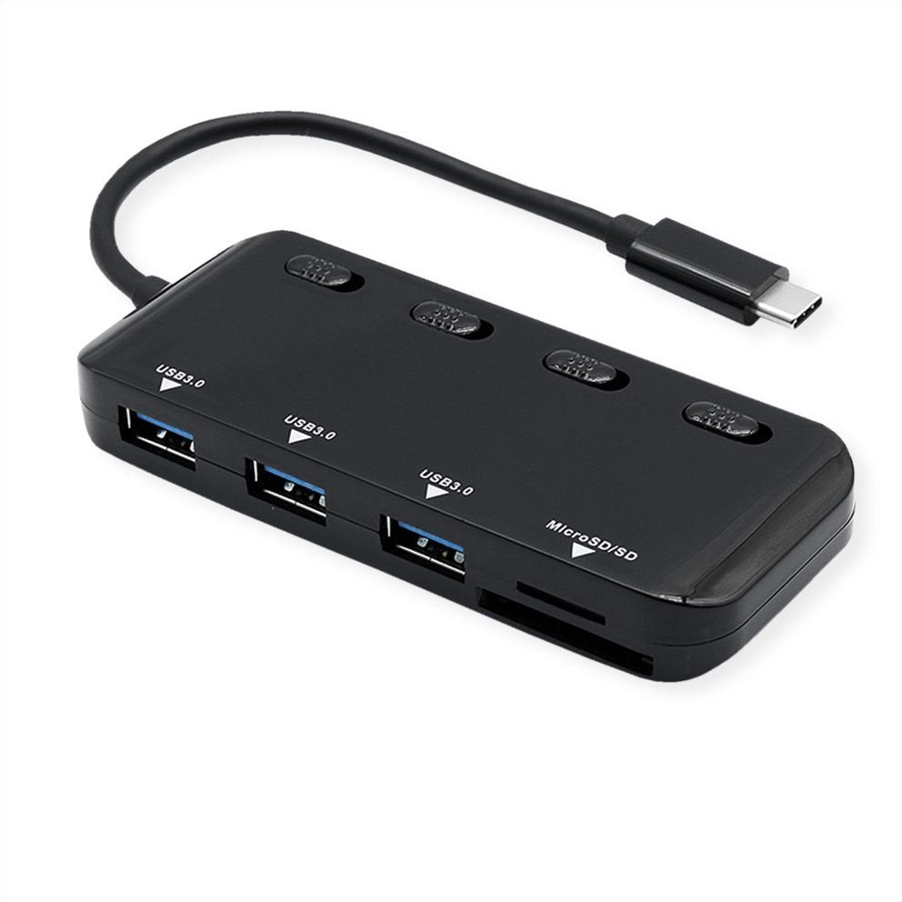Hub Roline Usb 3.2 Gen 1 3fach, Typ C Anschlusscable, Mit Cardreader, Ports Einzeln Schaltbar