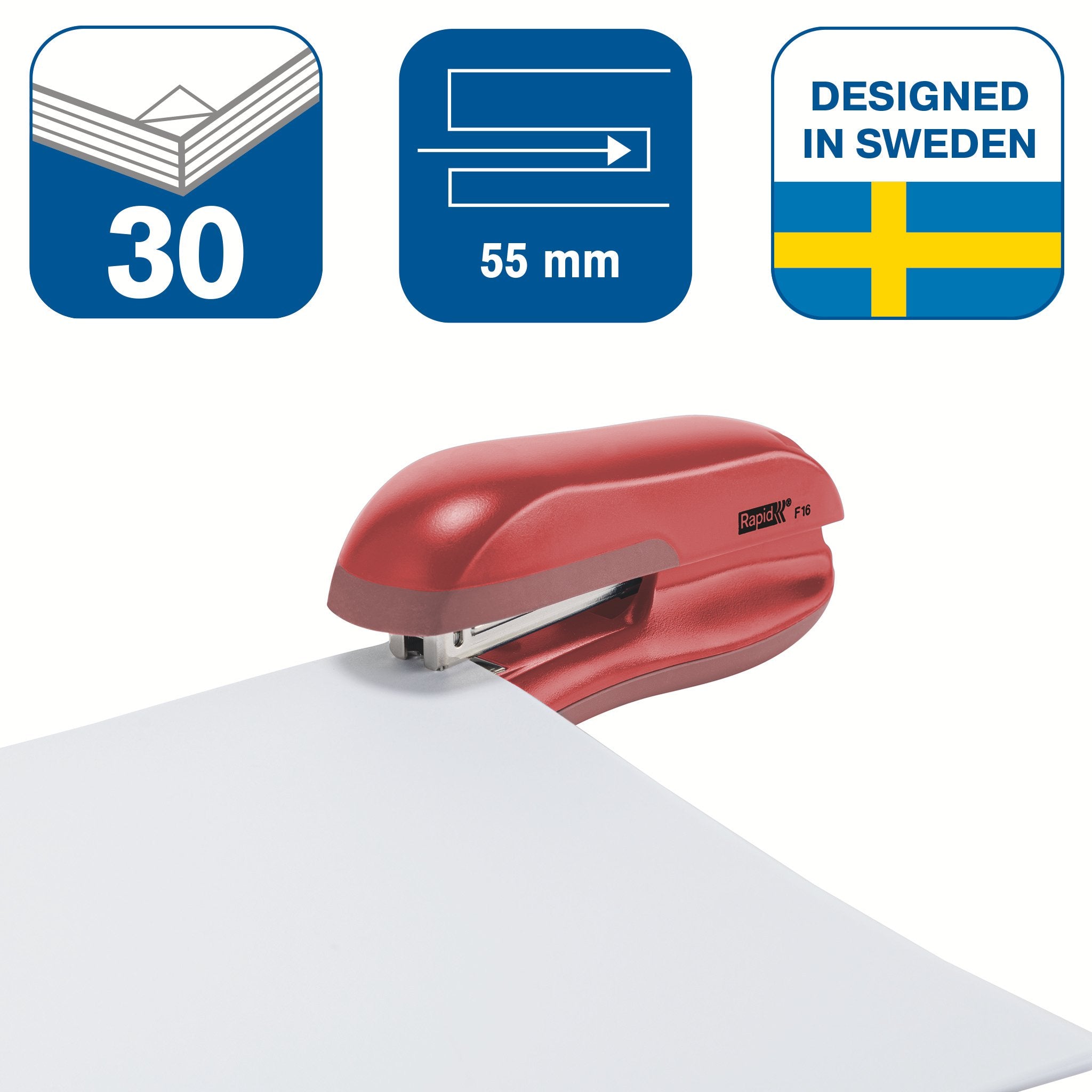 Rapid F16 Grapadora De Sobremesa - Hasta 30 Hojas - Grapado Abierto, Cerrado Y Clavado - Color Rojo