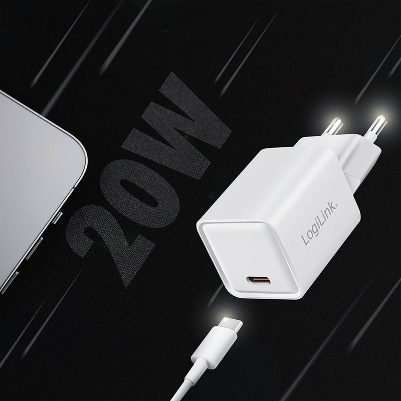 Logilink Usb-C Charger, 20 W, Gan, 1-Port, 1x Usb-C (Pd), Blanco