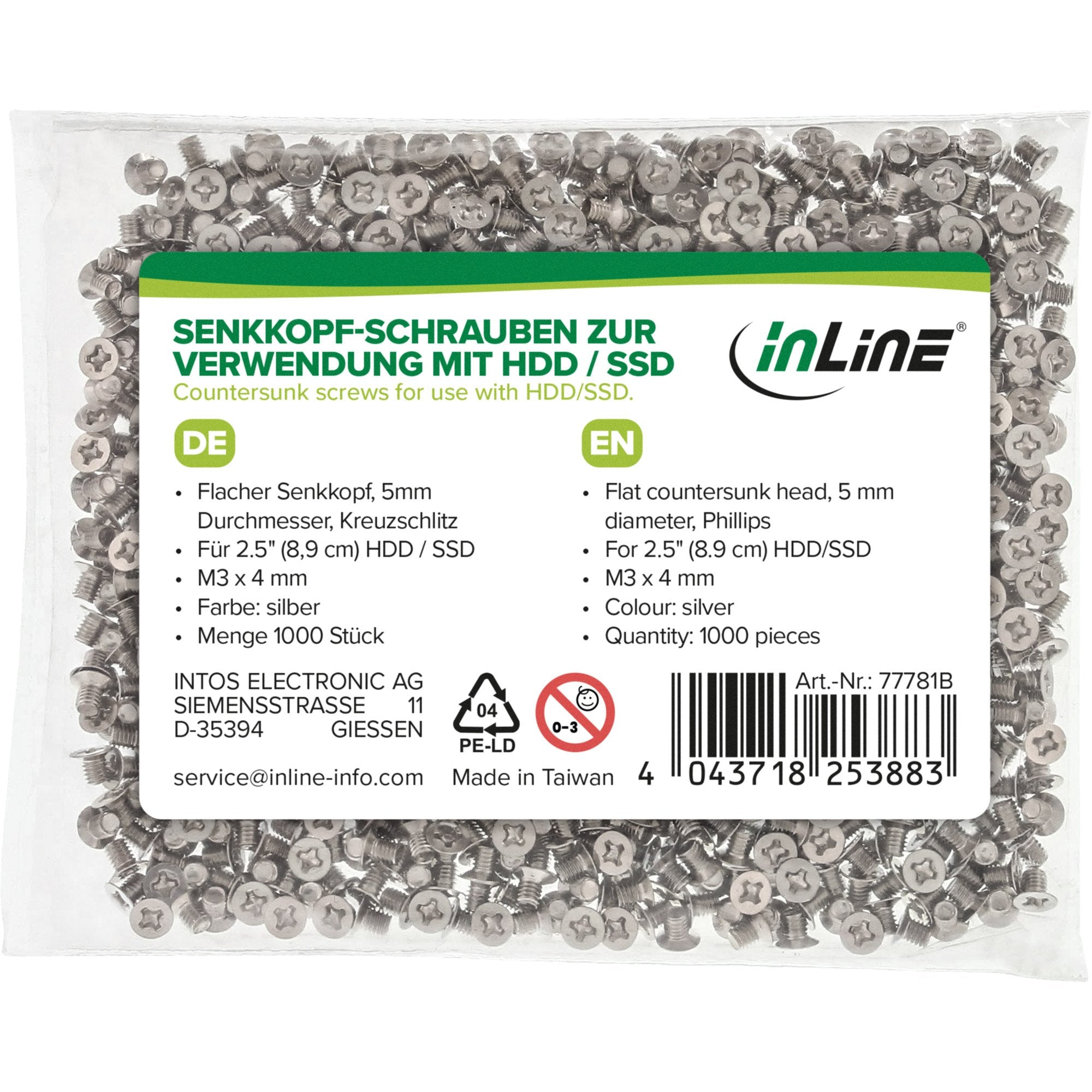 1000 Piezas Pack Tornillo Inline Para Hdd/Ssd De 2,5", 3 Mm, Cabeza Plana, Plateado