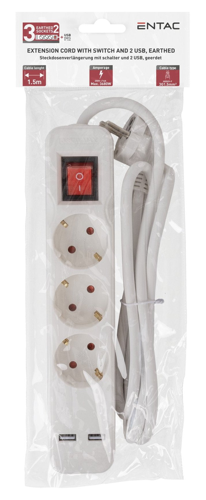 Entac Meckdosenleime 3fach Con Usb 1,5m Schalter Blanco