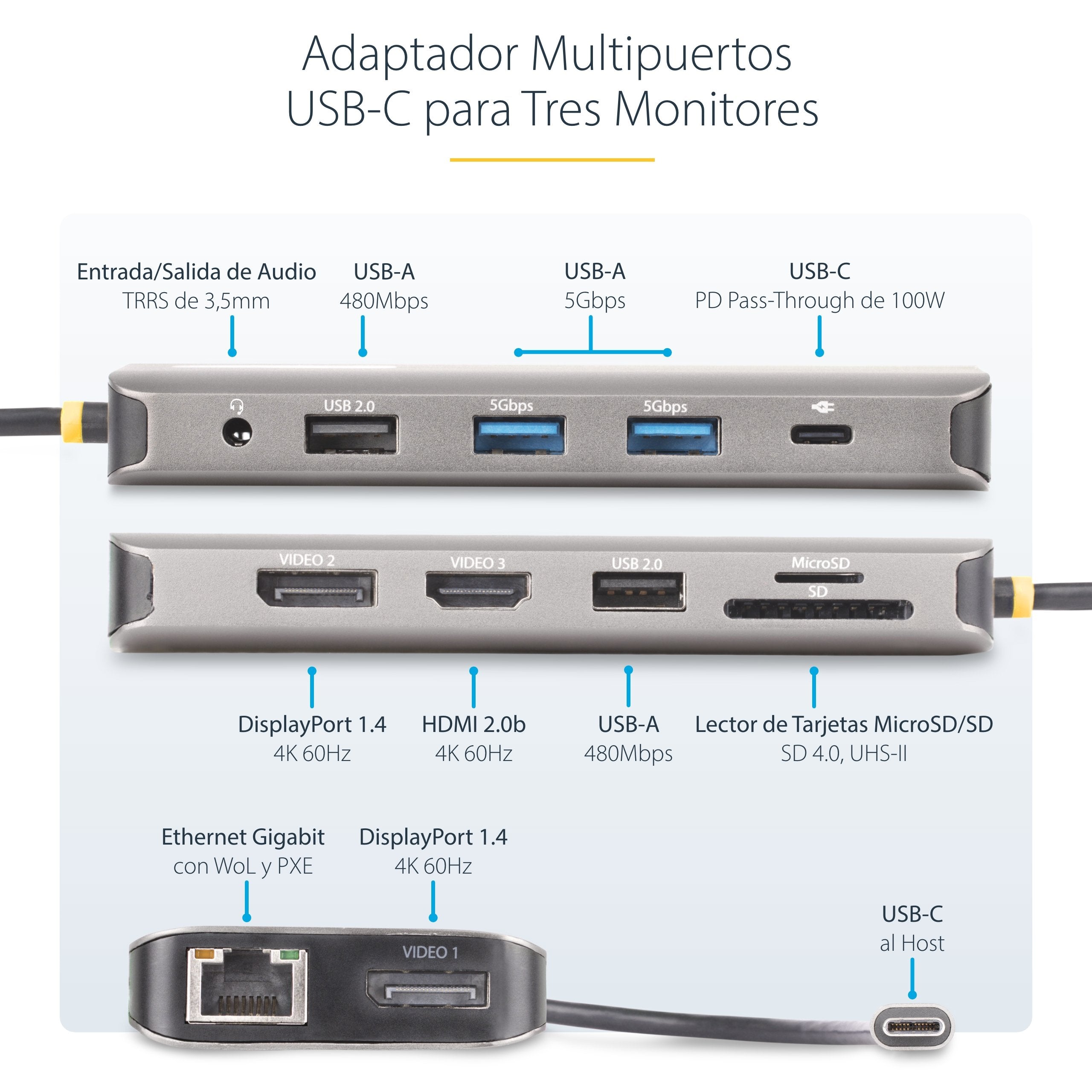 Startech.Com Usb-C Triple-Monitor Multiport Adaptador, Hdmi/Dp/Card Reader - Dockingstation - Usb-C 3.2 Gen 1 / Thunderbol