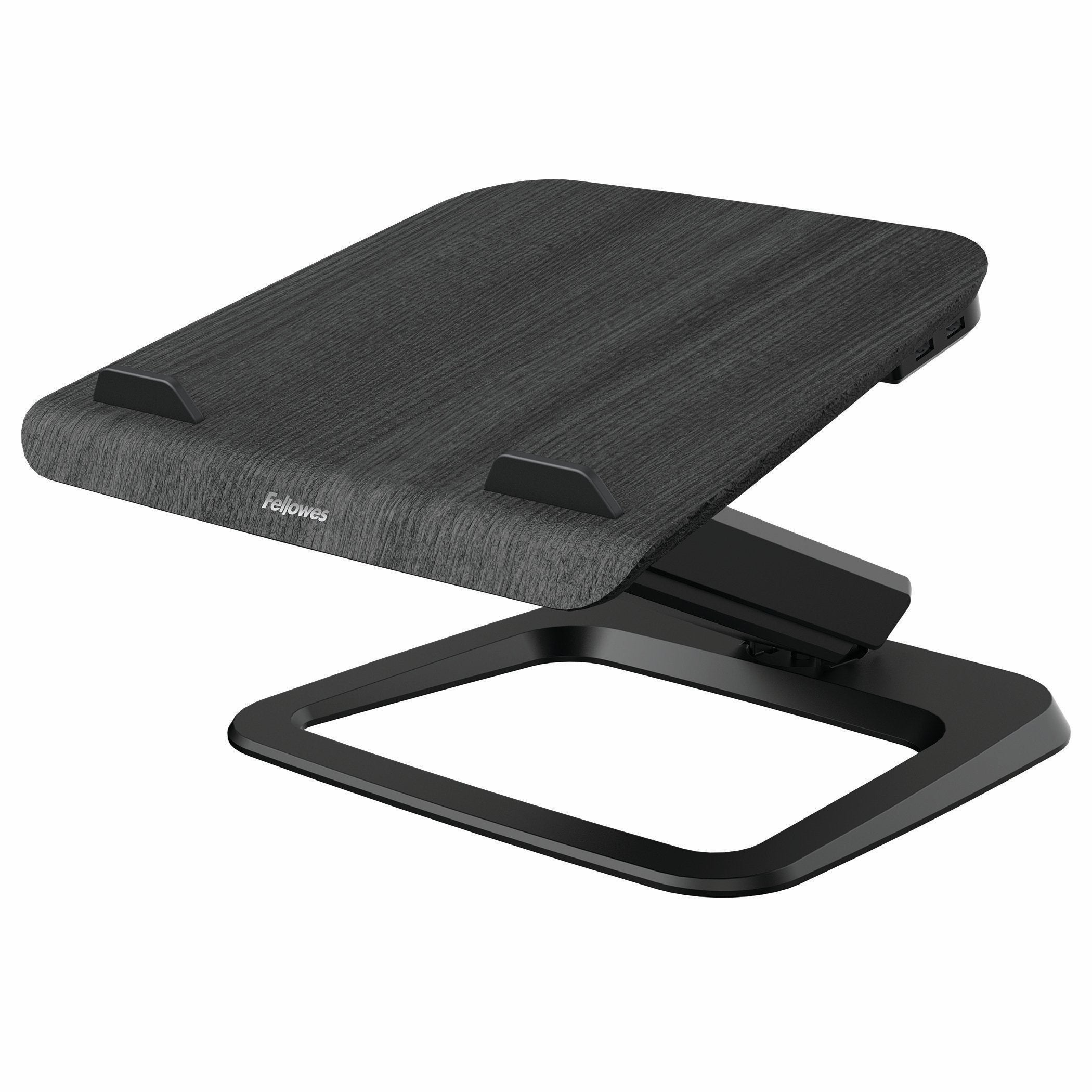Fellowes Hana Soporte Para Portatil - Sistema De Muelle A Gas - Inclinacion Maxima 95º - 4 Puertos Usb - Base De Aluminio Y Plataforma De Madera - Hasta 29 Pulgadas - Color Negro