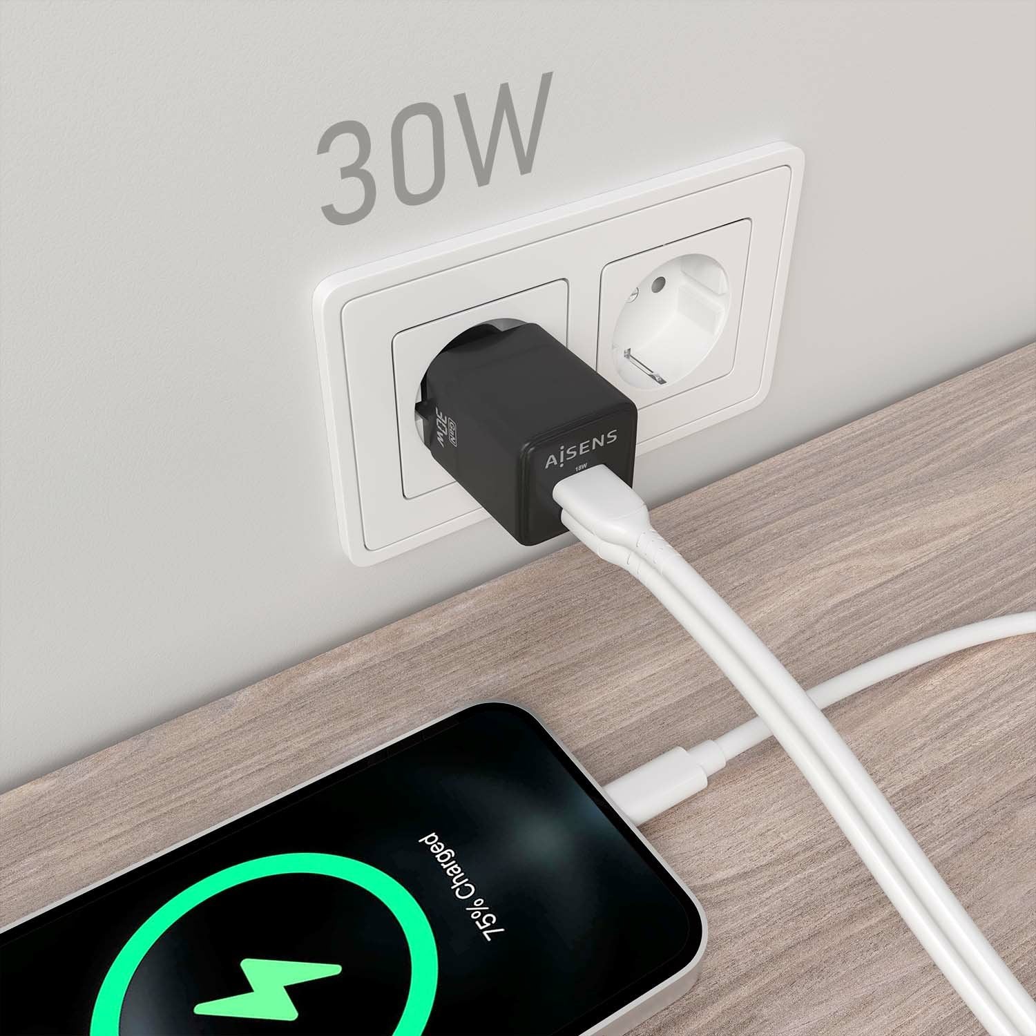 Aisens Cargador Gan 30w, 1xusb-C Pd3.0 Qc4.0, 1xusb-A Qc3.0, Negro
