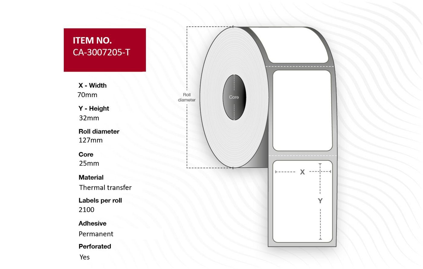 Label 70 X 32mm, Core 25mm, - Thermal Transfer, Coated, - Permanent, Perforated, 2100 Labels Per Roll, 4 Rolls Per Box - Warranty: 12m