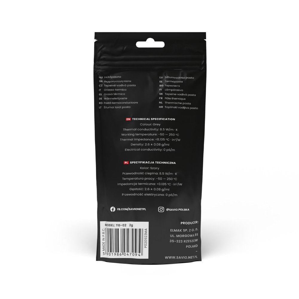 Pasta Termica Savio Tg-02 8,5 W/Mk 4 G