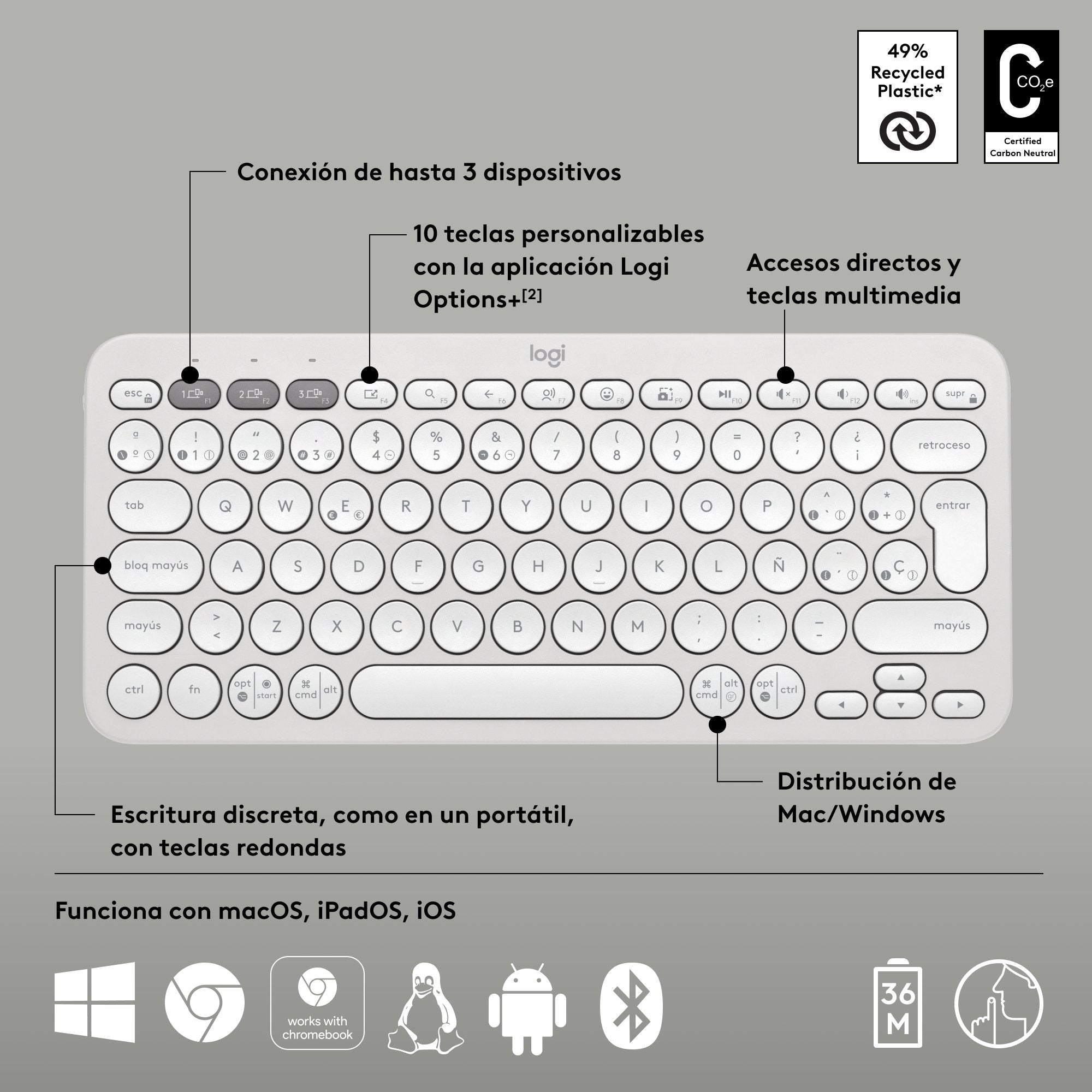 Teclado Logitech Pebble Keys 2 K380s Rf Wireless + Bluetooth Qwerty  Blanco Español