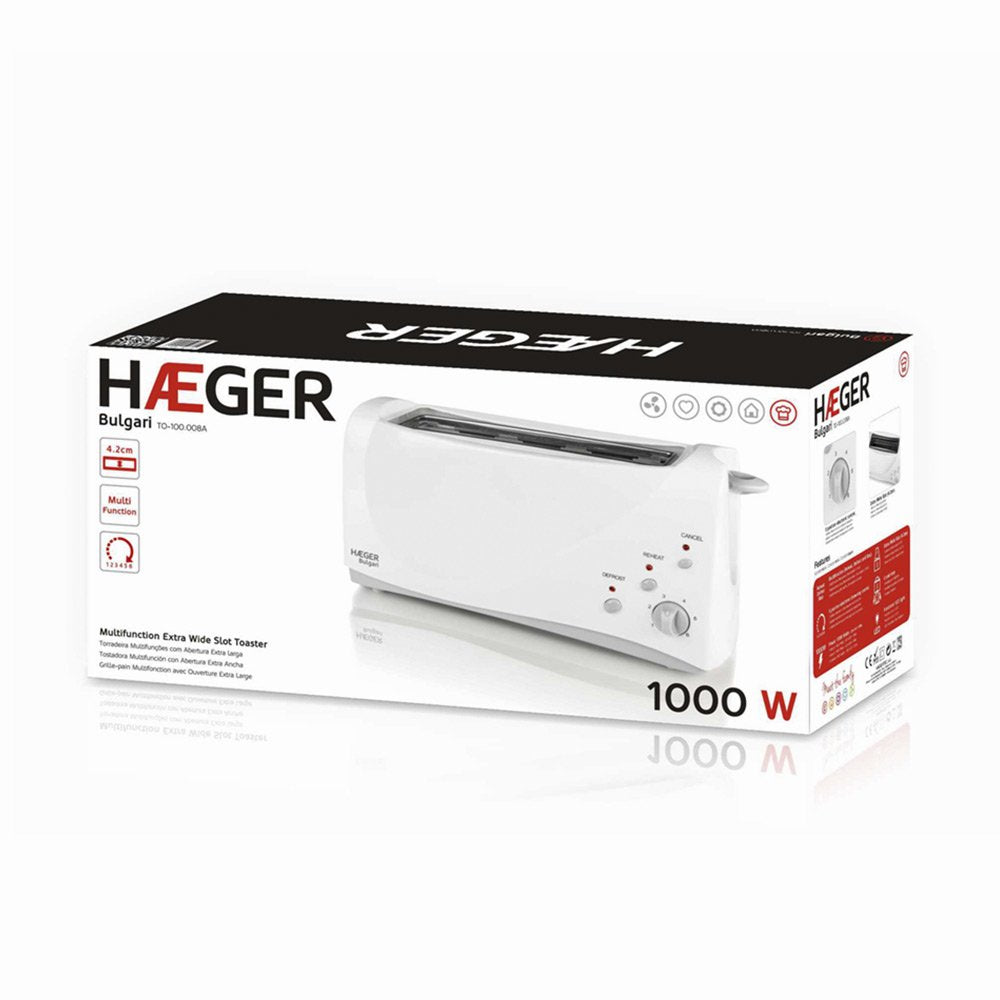 Tostadora De Pan Haeger Bulgari 1000w 1 Ranura Extra Larga 6 Posiciones Tostado Func. Recalentado/ Descongelado Posición Impulso Extra