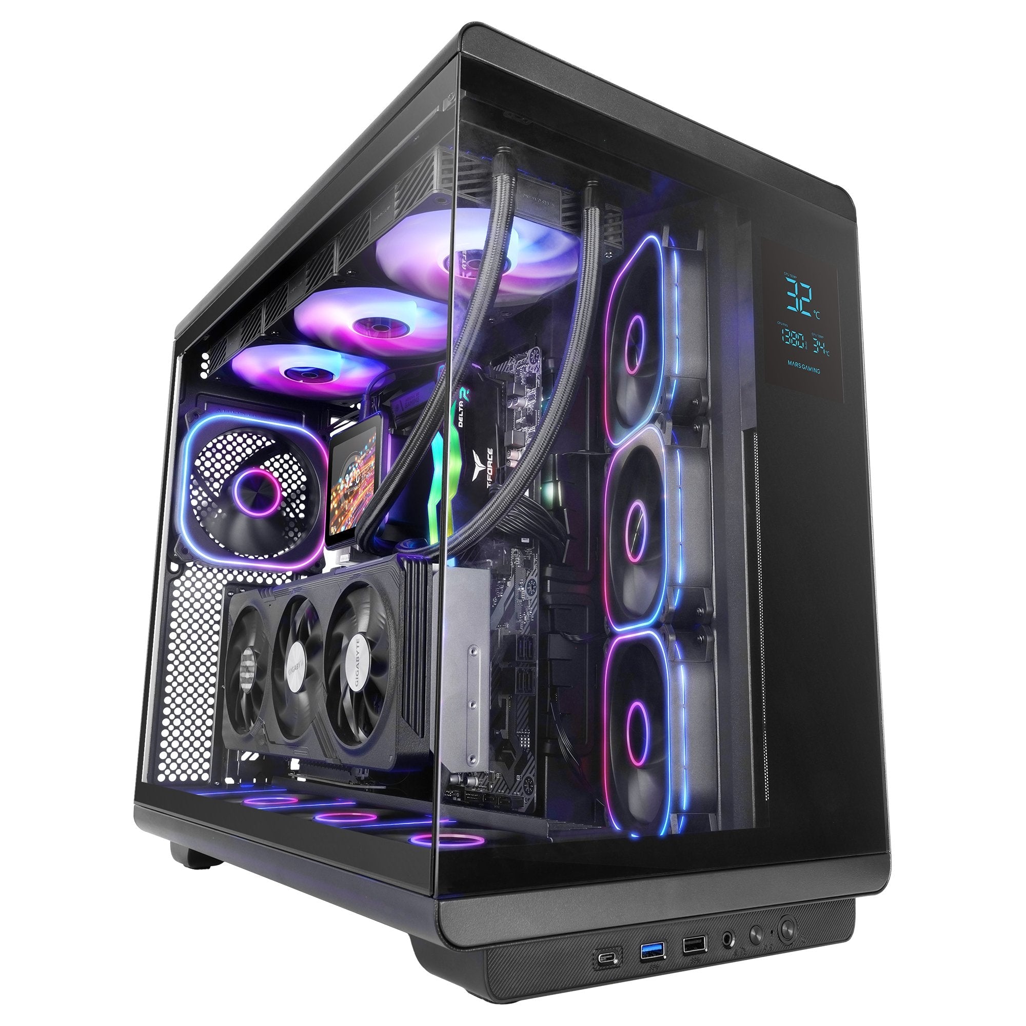 Caja Pc  Atx Mars Gaming Mc-Revmax Pantalla Lcd 11.8" Cristal Templado 4x Ventiladores Argb Negro