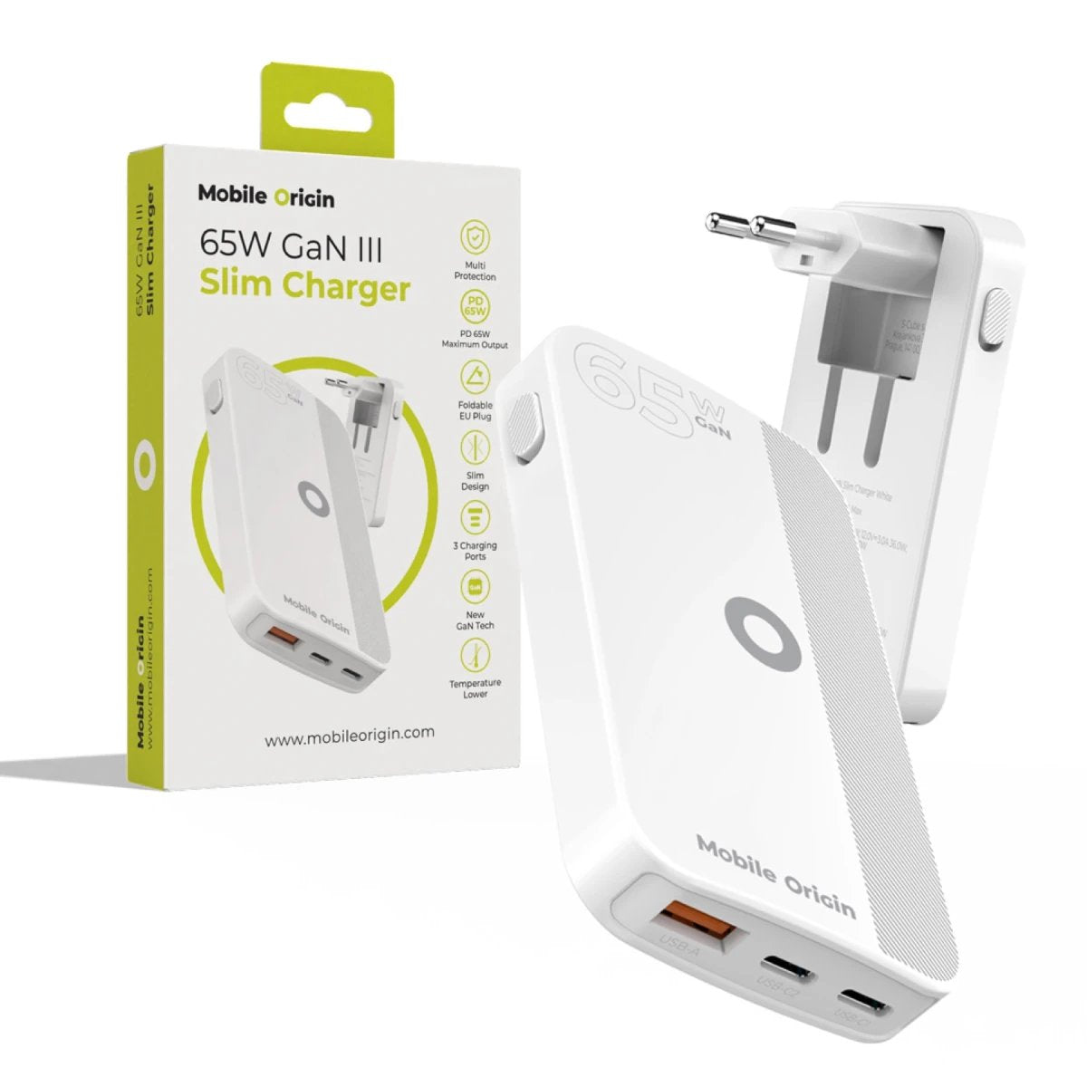 Mobile Origin 65w Gan Slim Dual Usb-C Single Usb-A, White