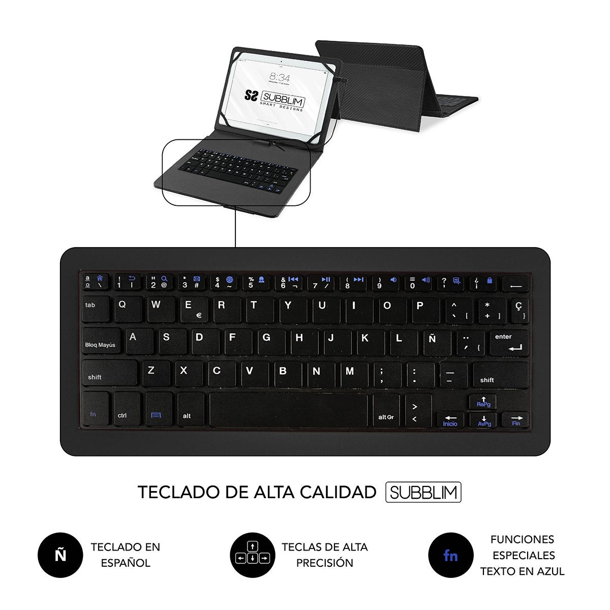 Funda Con Teclado Subblim Keytab Pro Usb Black Para Tablet De 10.1'/25.65cm Microusb Con Adaptador Tipo-C Cierre Solapa Magnética
