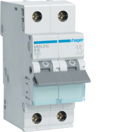 Hager Leitungsschutzschalter Mbn216 2polig 6ka B-16a 2m